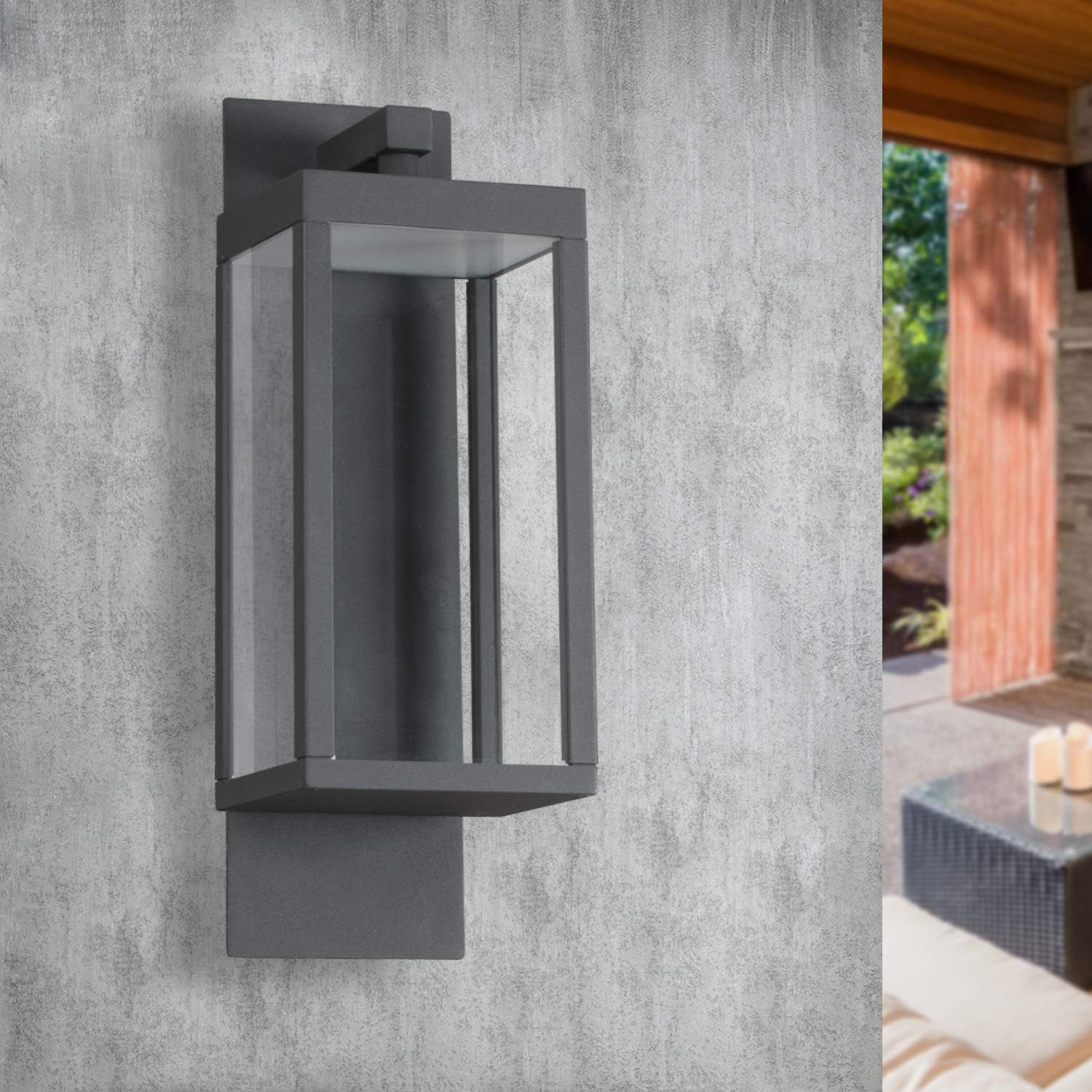 Lámpara de pared al aire libre moderna para porche exterior para casa, aplique de pared negro impermeable IP54 de 15 pulgadas con vidrio