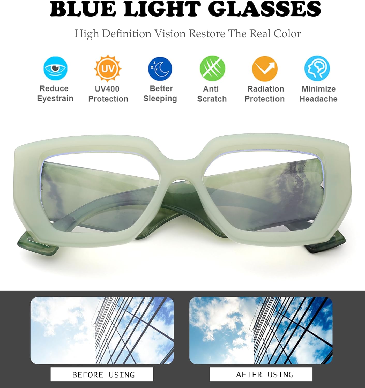 NULOOQ Gafas de luz azul con montura gruesa para mujer, gafas cuadradas de gran tamaño, transparentes sin receta