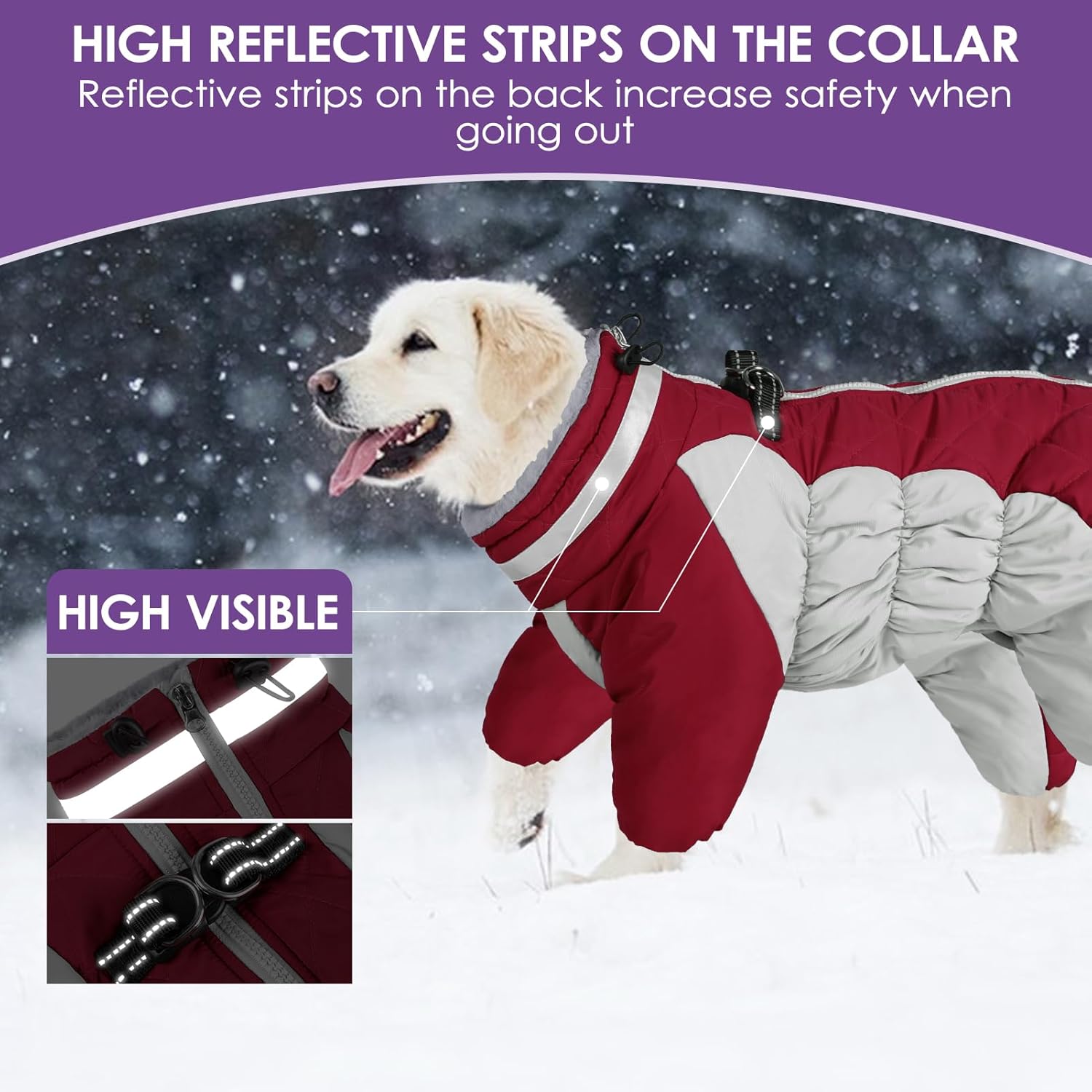 SUNFURA Abrigo de cuatro patas para perro, chaqueta de forro polar cálido para perro, abrigos de invierno reflectantes con arnés, resistente al