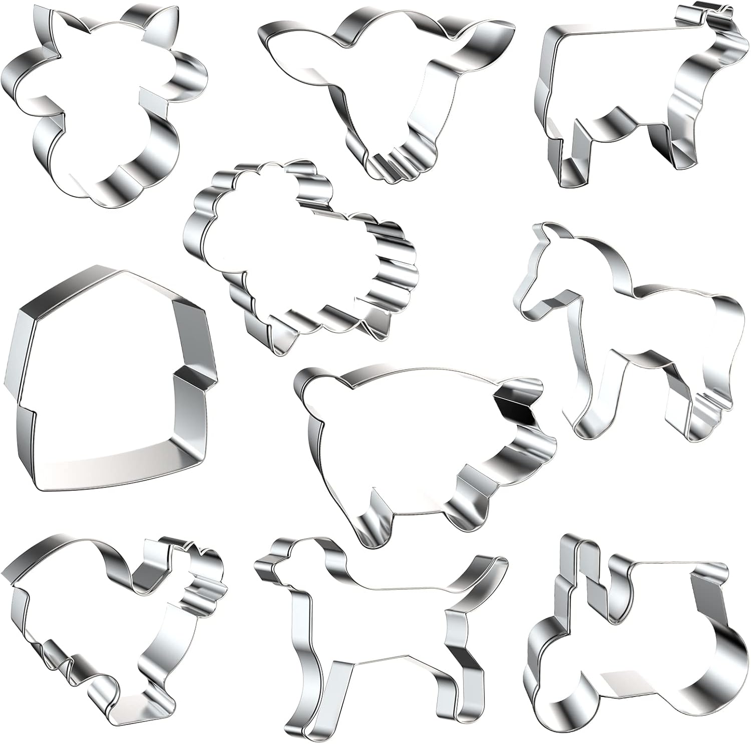 Juego de 10 cortadores de galletas de granja, diseño de animales de granja de metal, vaca, cerdo, gallo, cordero, caballo, granero, tractor, perro,