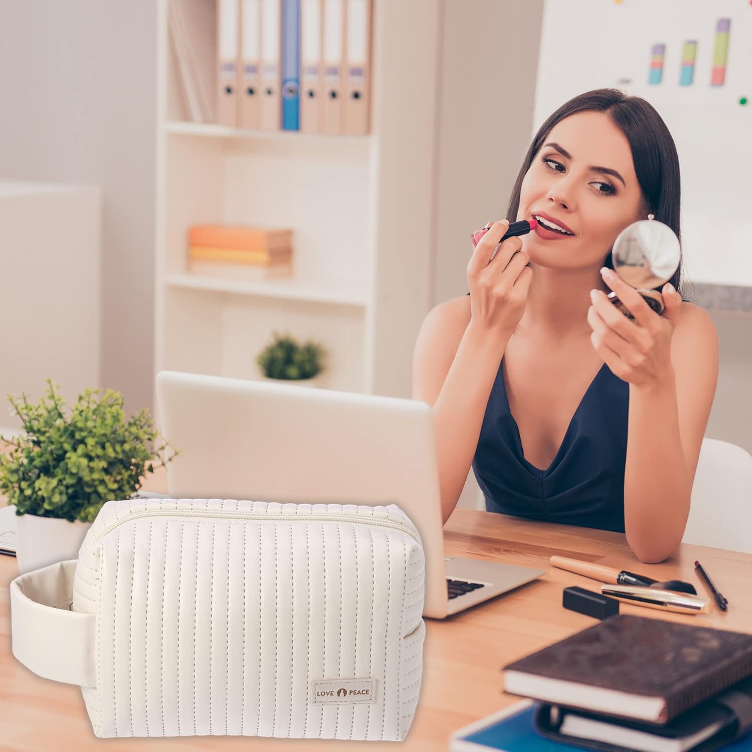 VOCOSTE Bolsa de maquillaje de piel sintética, bolsa de viaje para cosméticos, bolsa de maquillaje grande, bolsa organizadora de brochas de