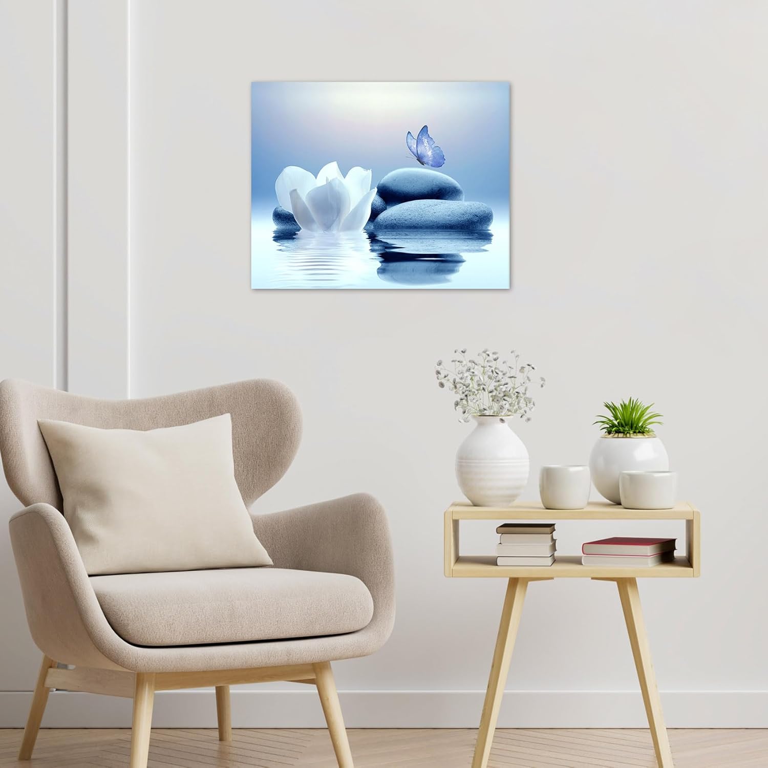 EOBTAIN Lienzo de flores blancas zen, arte de pared, diseño floral y mariposa azul sobre piedra, cuadro moderno enmarcado para yoga, spa, pintura