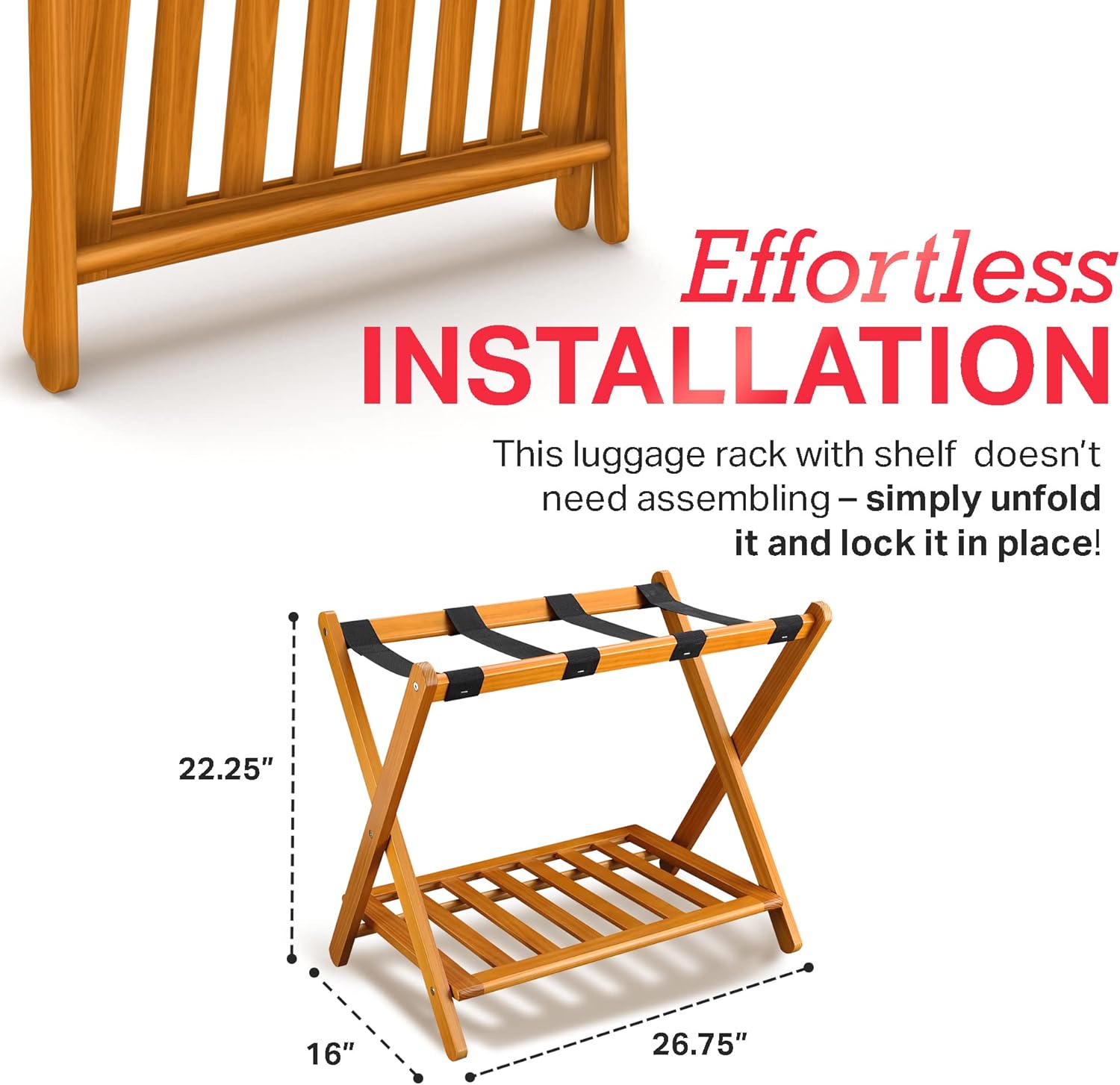 Stony Edge Portaequipajes de madera plegable ancho para habitación de invitados, soporte para maleta totalmente montado con estante de