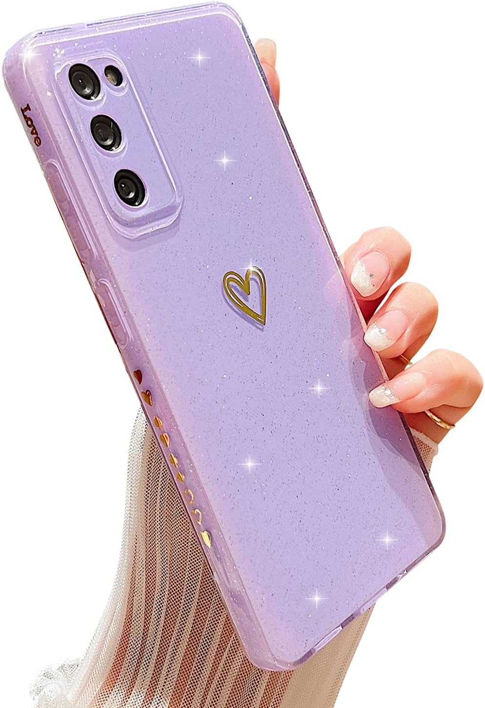 Funda compatible con Samsung Galaxy S20 FE 5G, diseño de corazón de amor, TPU suave a prueba de golpes, funda protectora brillante con purpurina