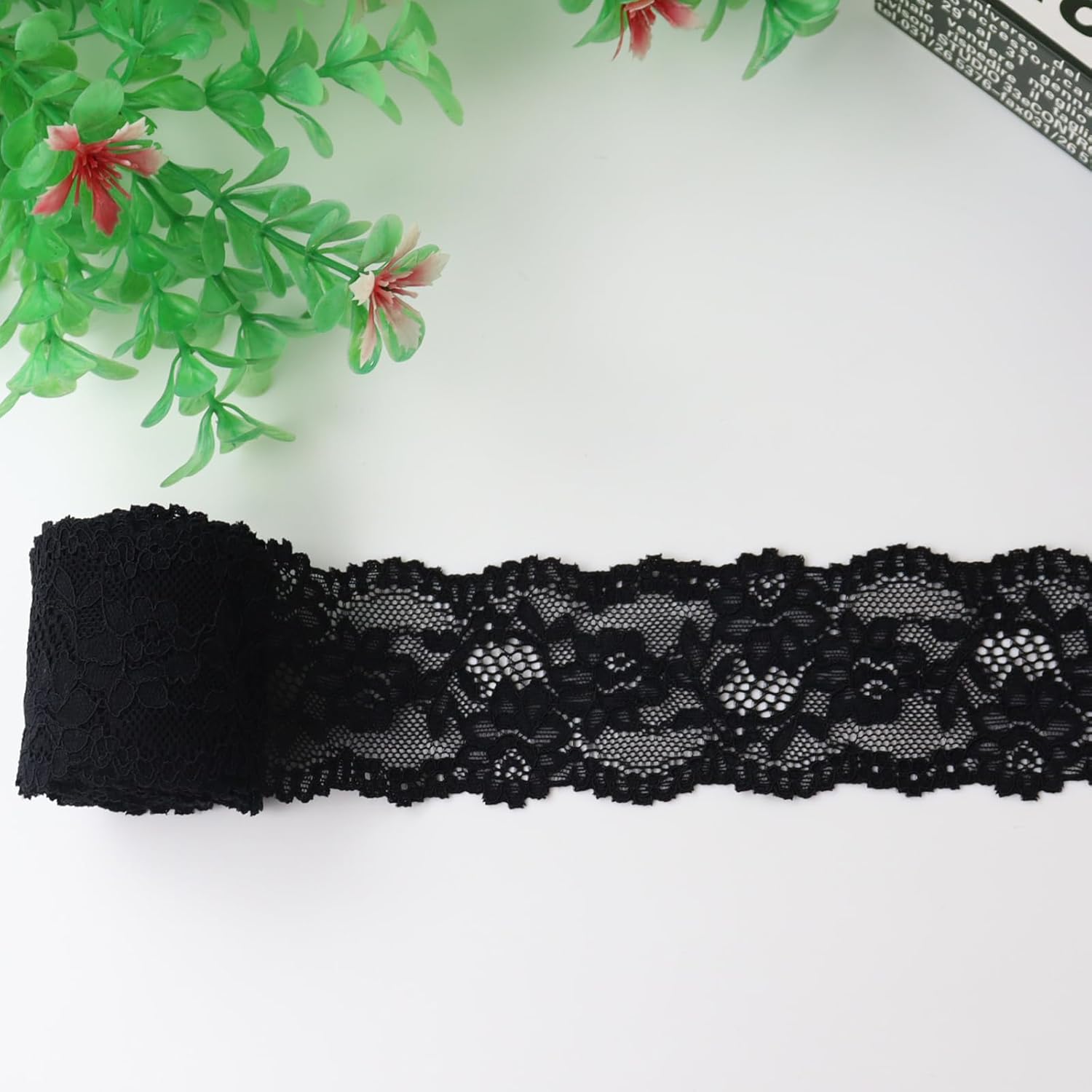 Duuclume Tela de encaje vintage de 2.4 pulgadas x 5 yardas, ribete de encaje negro costura, cinta de encaje elástica  perfecta para manualidades,