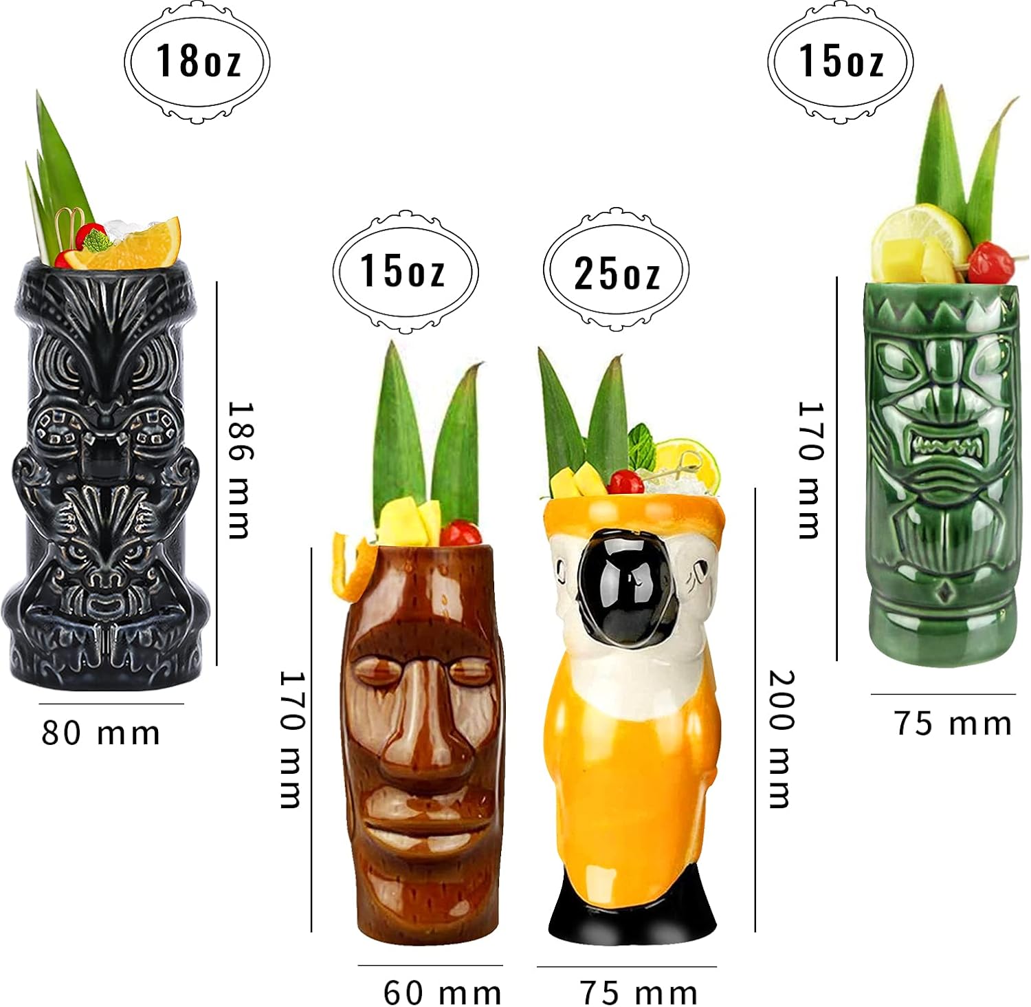 Tiki Mugs – Juego de 4 tazas de cóctel de cerámica hawaiana Luau para fiesta, vasos de cóctel exóticos, Tiki Bar profesional hawaiano para fiestas,