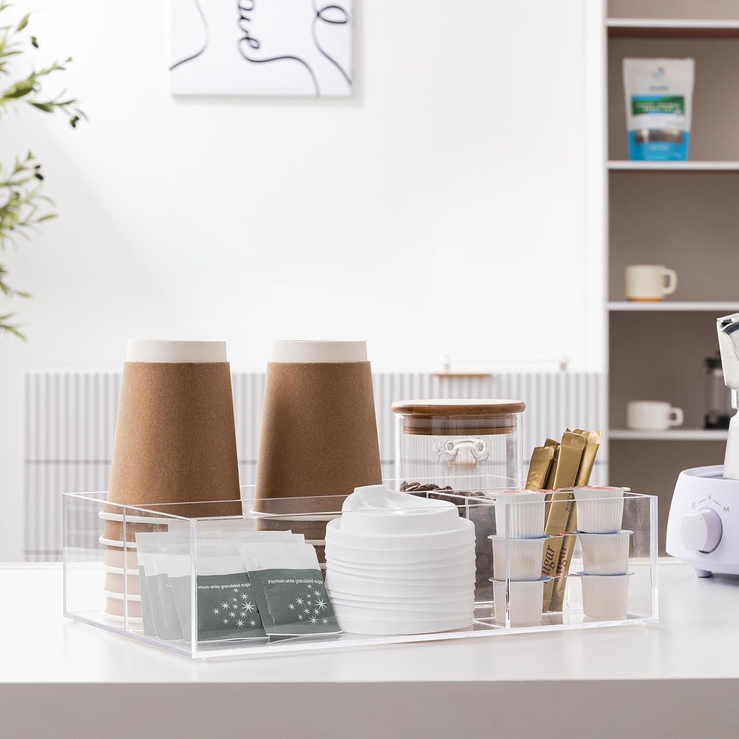 Organizador de estación de café de acrílico para encimera, organizador de almacenamiento de condimentos de café y té con 4 compartimentos,
