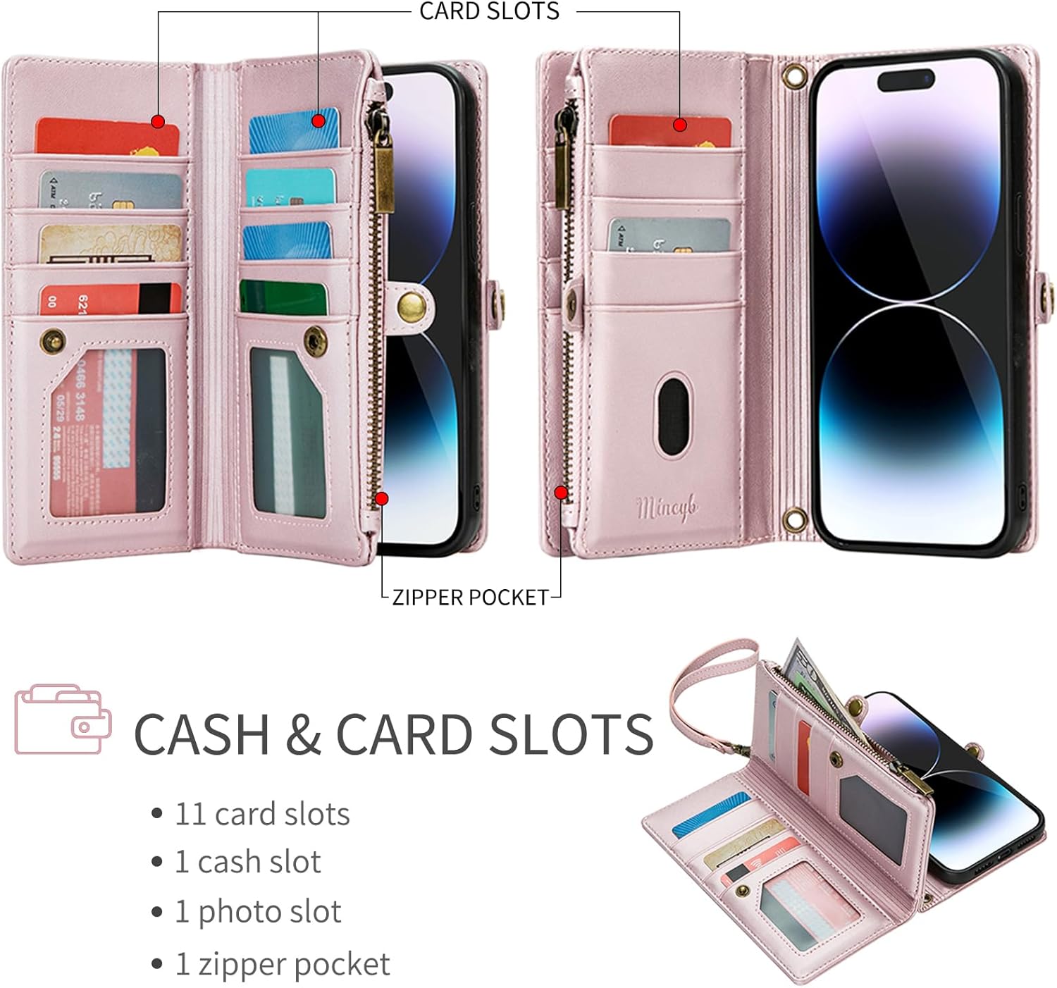 MInCYB Funda tipo cartera para iPhone 15 Pro Max con tarjetero (12 ranuras para tarjetas), funda de piel sintética para mujeres y hombres, carga
