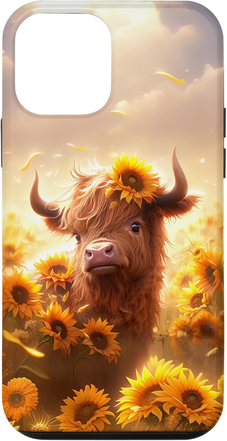 Funda para iPhone 12 mini con diseño de vaca escocesa de las tierras altas y girasoles