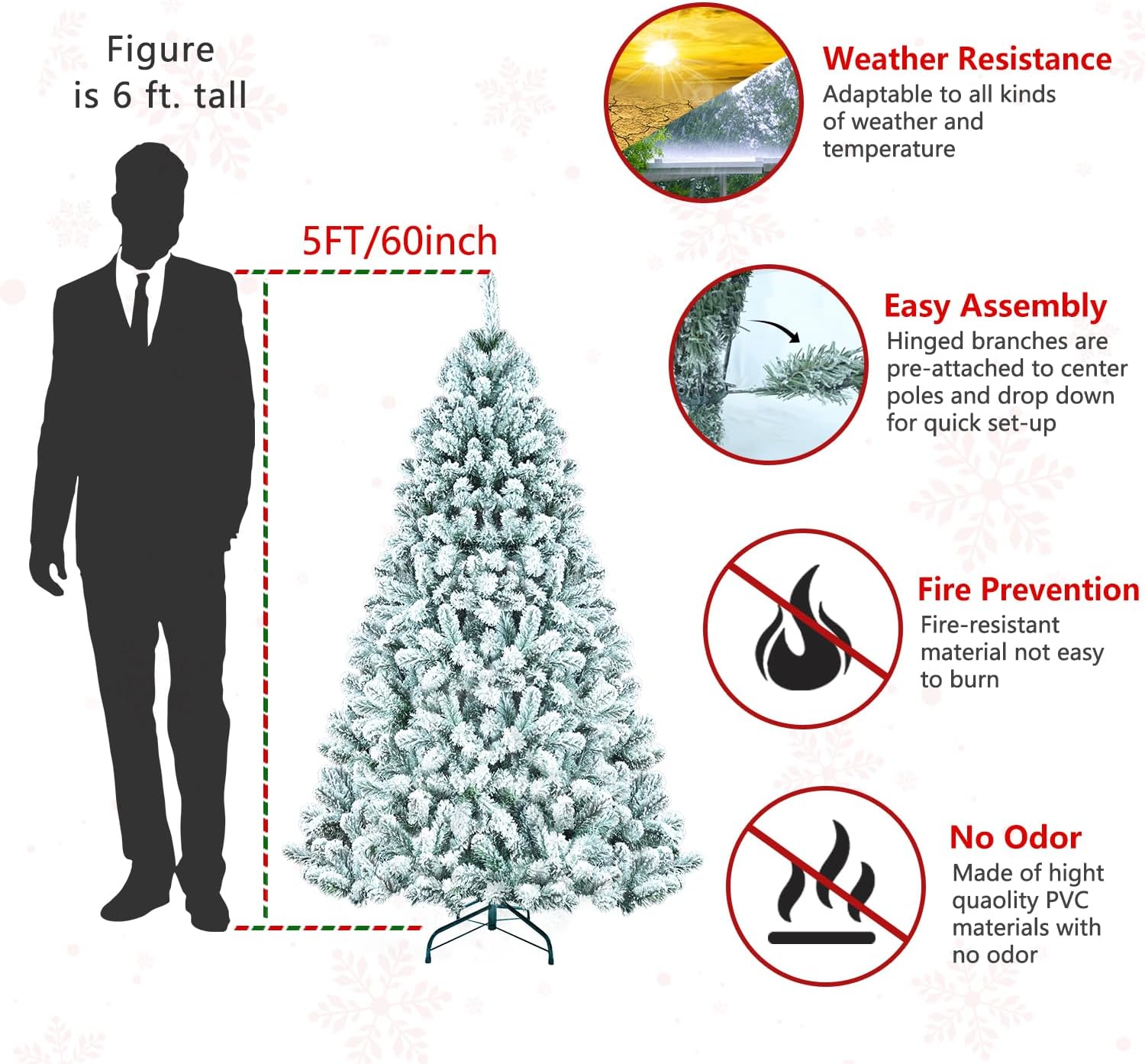 Árbol de Navidad artificial flocado de 5 pies, árbol de Navidad blanco para el hogar, oficina, vacaciones, fiesta, decoración interior y exterior,