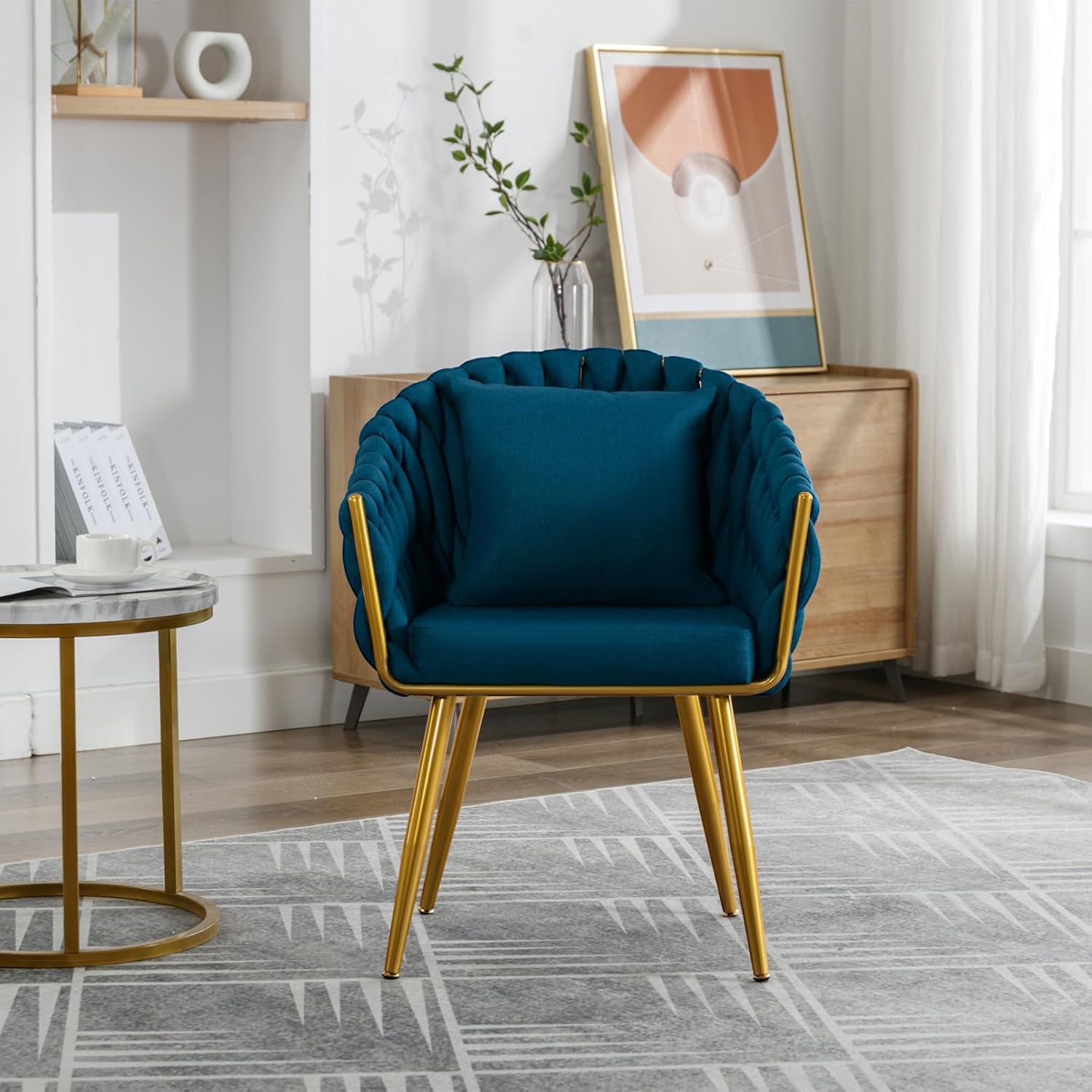 TRIPLE TREE Silla de comedor moderna de lino, sillas de tocador tejidas a mano con almohada de cintura, sillones con patas de metal dorado, cómoda