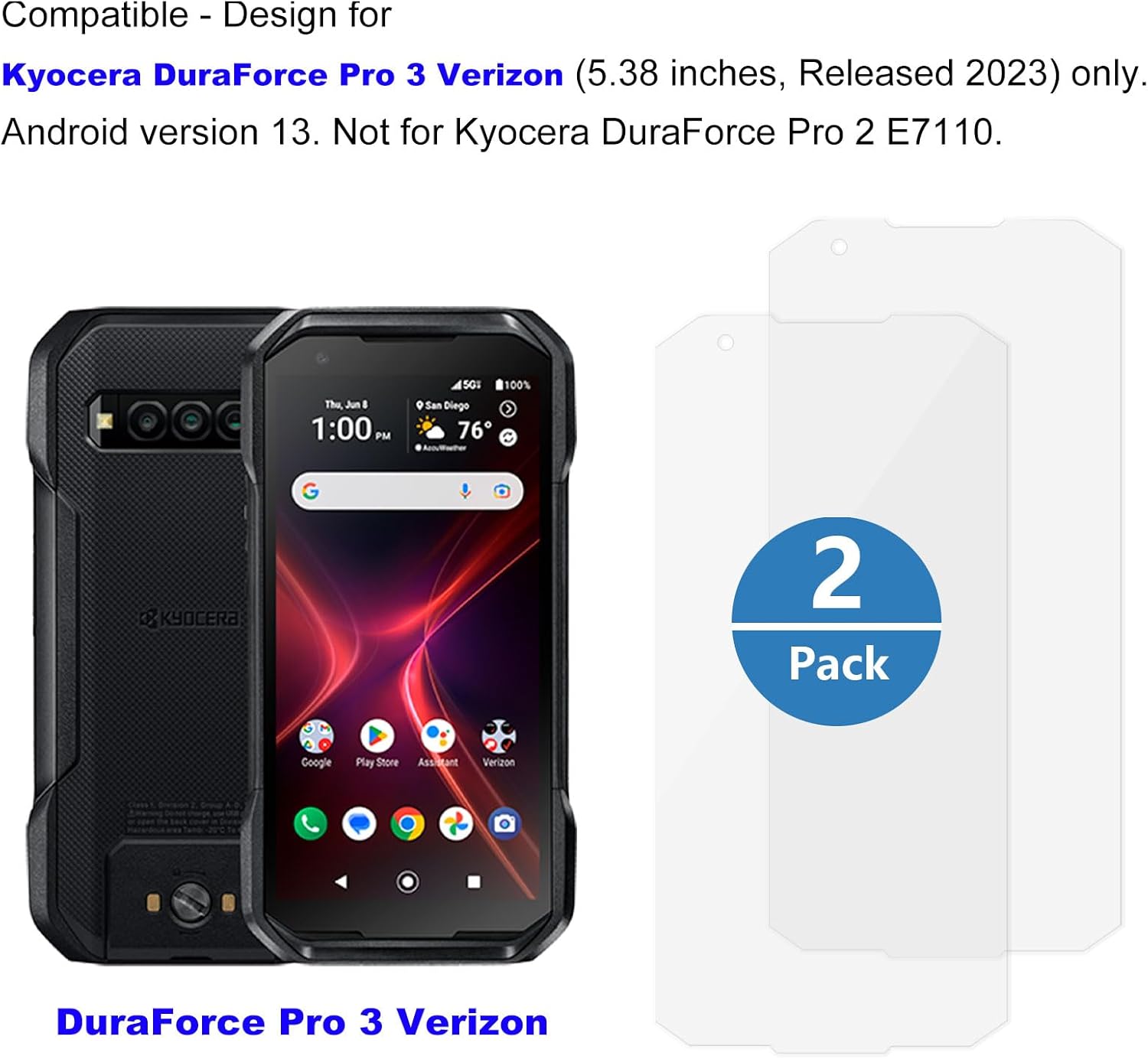 Ailiber Protector de pantalla para Kyocera DuraForce Pro 3 2 unidades, protector de pantalla DuraForce Pro3 de vidrio templado, antiarañazos,