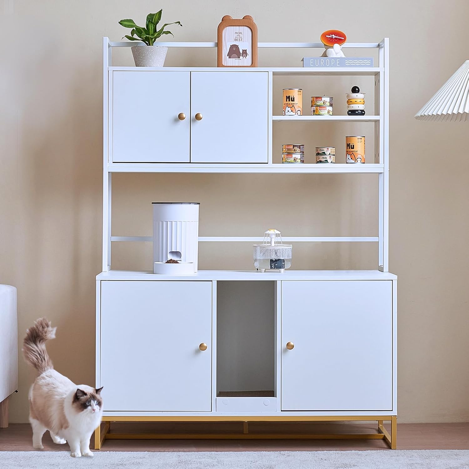 Caja de arena para gatos, caja de arena grande oculta para gatos de 60 pulgadas con estante, muebles de casa para gatos de interior con almohadilla