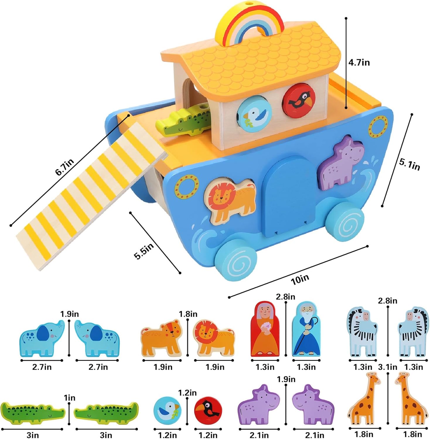 Tooysea Juguete de madera del arca de Noé con clasificador de formas de animales, regalos de bautismo para 1, 2, 3, 4 años, juguetes Montessori para