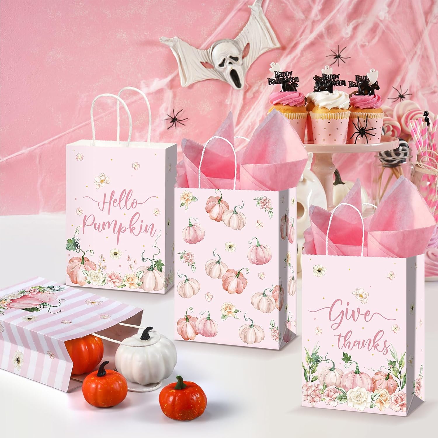 Capoda 24 bolsas de regalo de Acción de Gracias, bolsas de regalo de calabaza rosa a granel con asa y papel de seda, bolsas de agradecimiento,