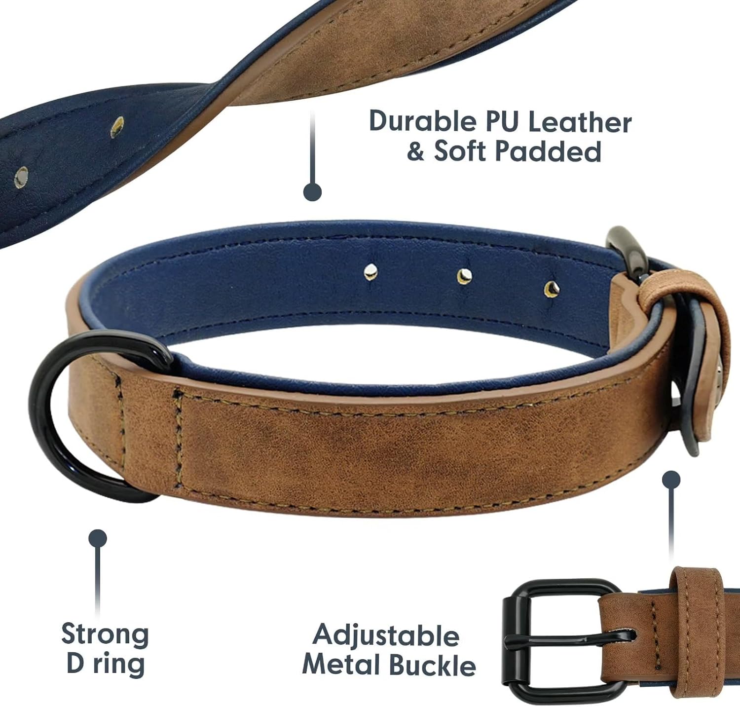 Didog Juego de collar y correa de cuero acolchado suave para perro, correa y collar resistente con hebilla de metal, collares transpirables para