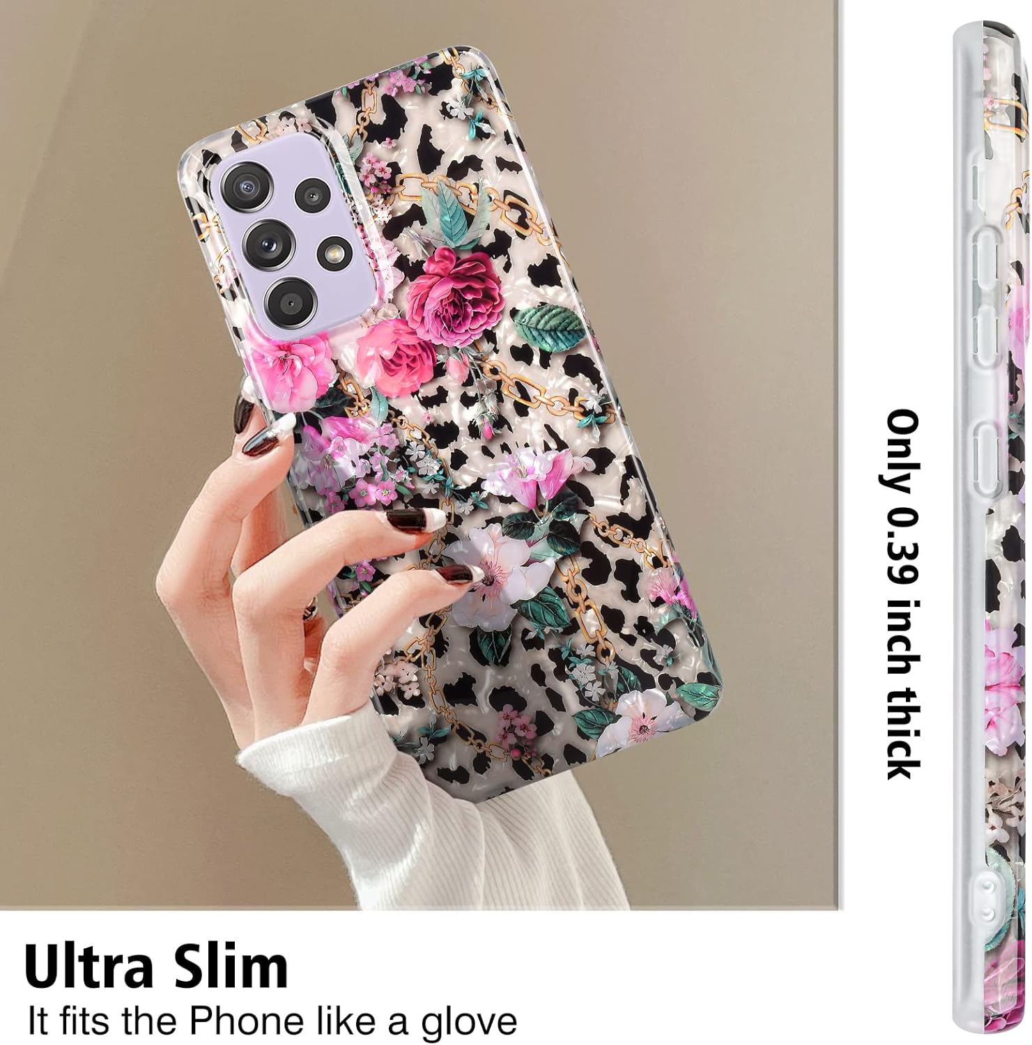 Funda cuadrada de flores para Samsung Galaxy A53 5G con patrón de concha de leopardo, bonito diseño de purpurina para mujeres y niñas, a prueba de