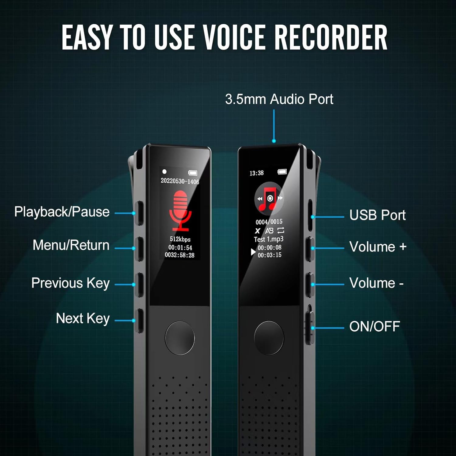 Grabadora de voz digital de 64 GB, grabación HD de audio de voz sin ruido de 3072 Kbps, grabadora activada por voz para 550 horas de capacidad de