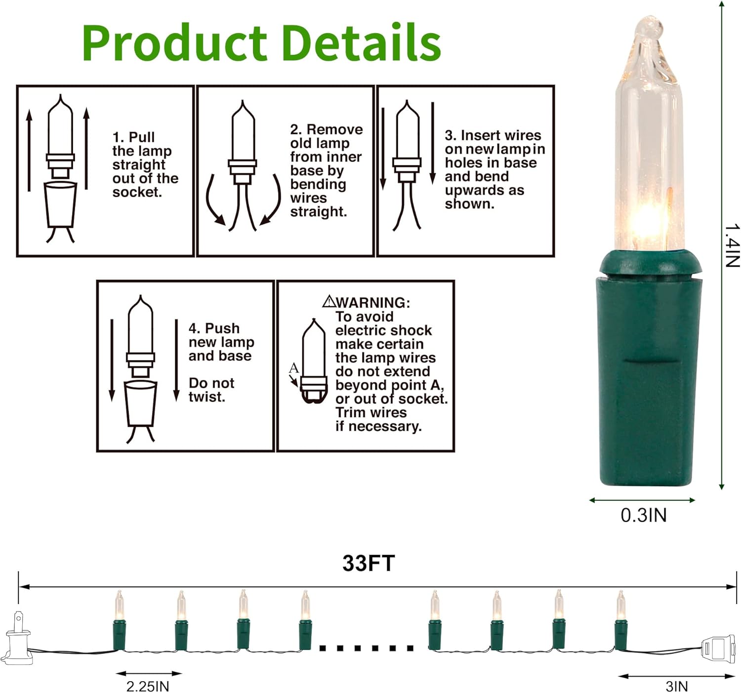 Luces de Navidad, 150 unidades, 33 pies, luces de hadas de alambre verde, luces de árbol de Navidad conectables con certificación UL de 120 V para