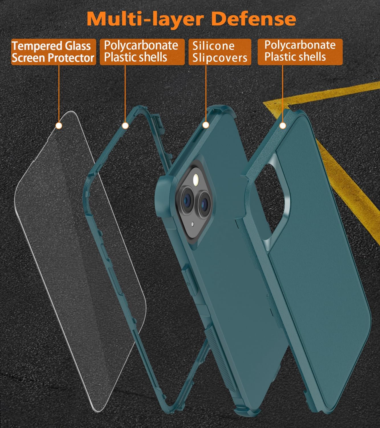 Diverbox Funda para iPhone 15 a prueba de golpes a prueba de caídas protector de pantalla de vidrio templado, funda de protección resistente para