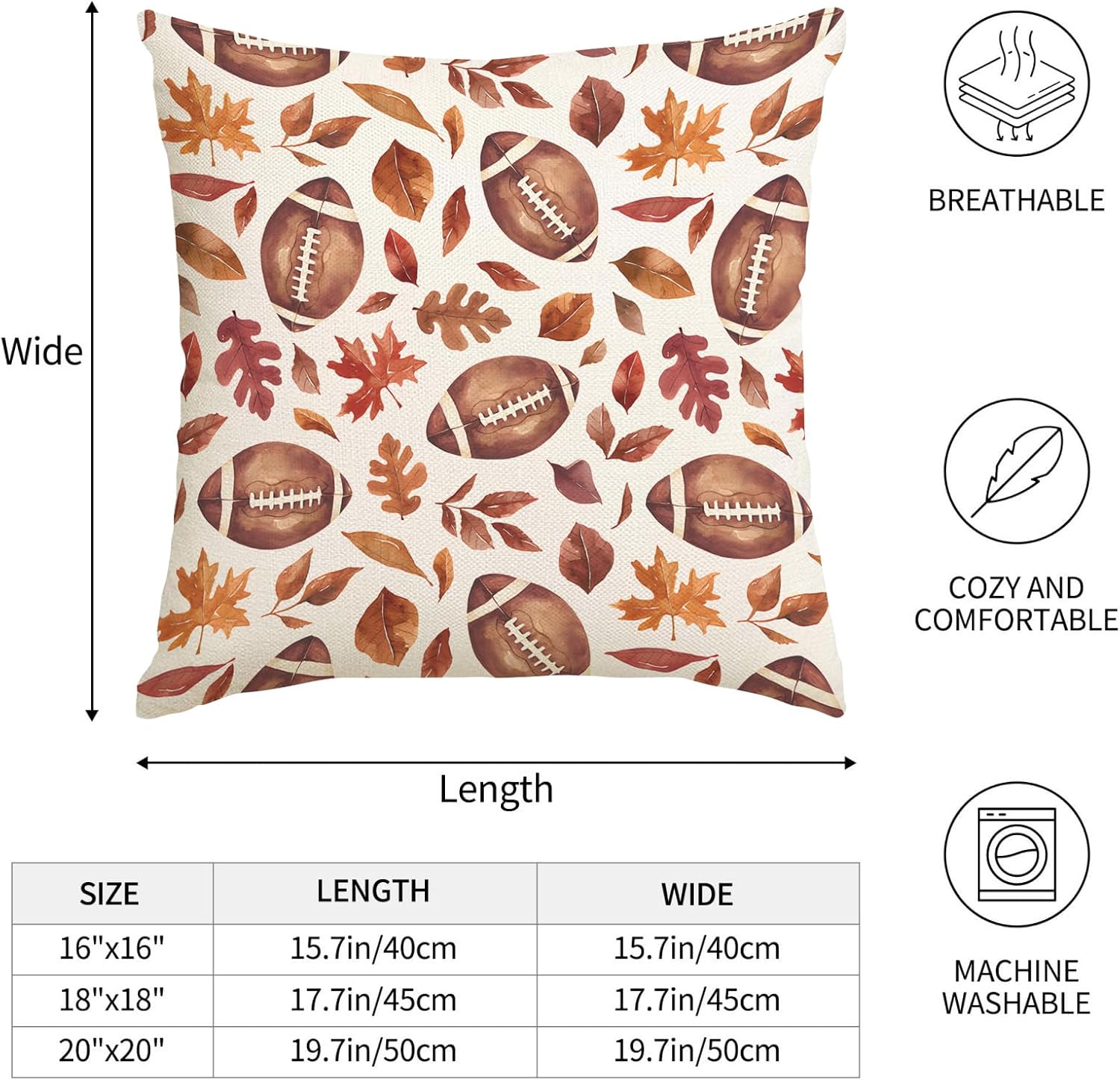 EKOREST Fundas de almohada de otoño de Acción de Gracias de 18 x 18 pulgadas, funda de almohada de fútbol con hojas de arce, decoración de otoño de