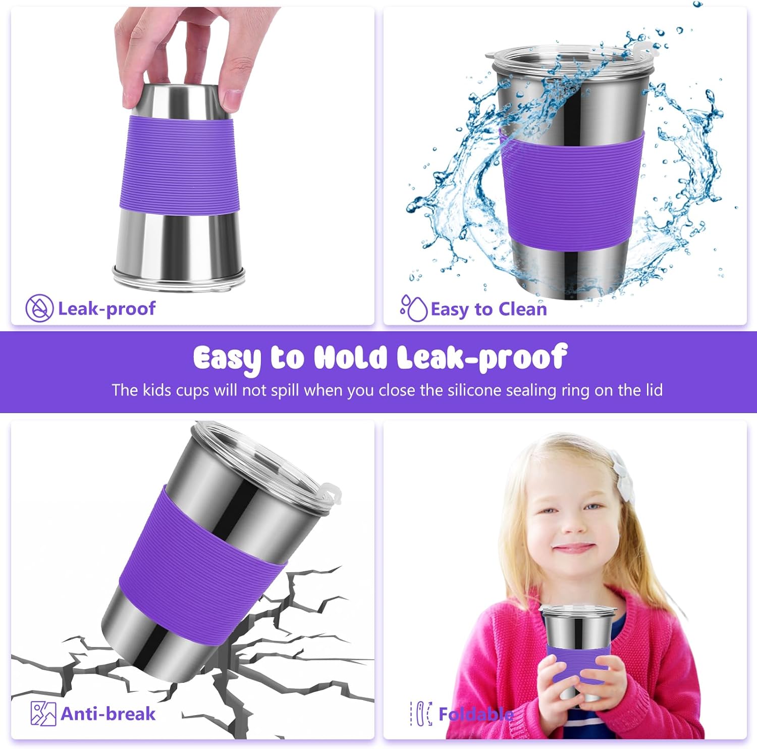 Yummy Sam Paquete de 6 vasos de 16 onzas para niños con tapas a prueba de derrames, de acero inoxidable, irrompibles, aislados, con mangas