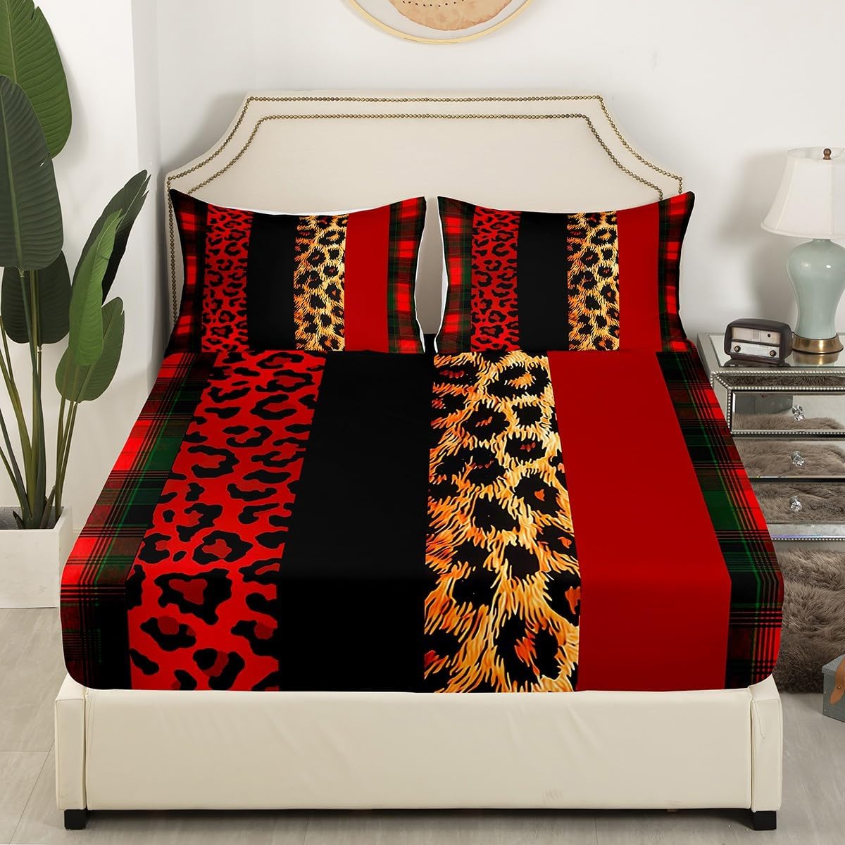 Manfei Sábana bajera ajustable con estampado de leopardo, tamaño individual, juego de ropa de cama a cuadros rojos y negros, 2 piezas para