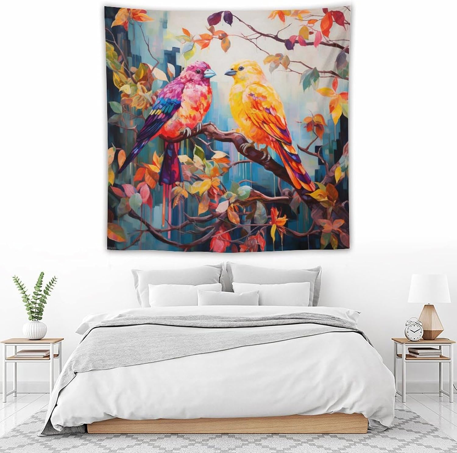 Tapiz de pájaros coloridos sentados en una rama de árbol colorido, tapiz artístico para dormitorio, estético, colorido pájaro volador, tapiz