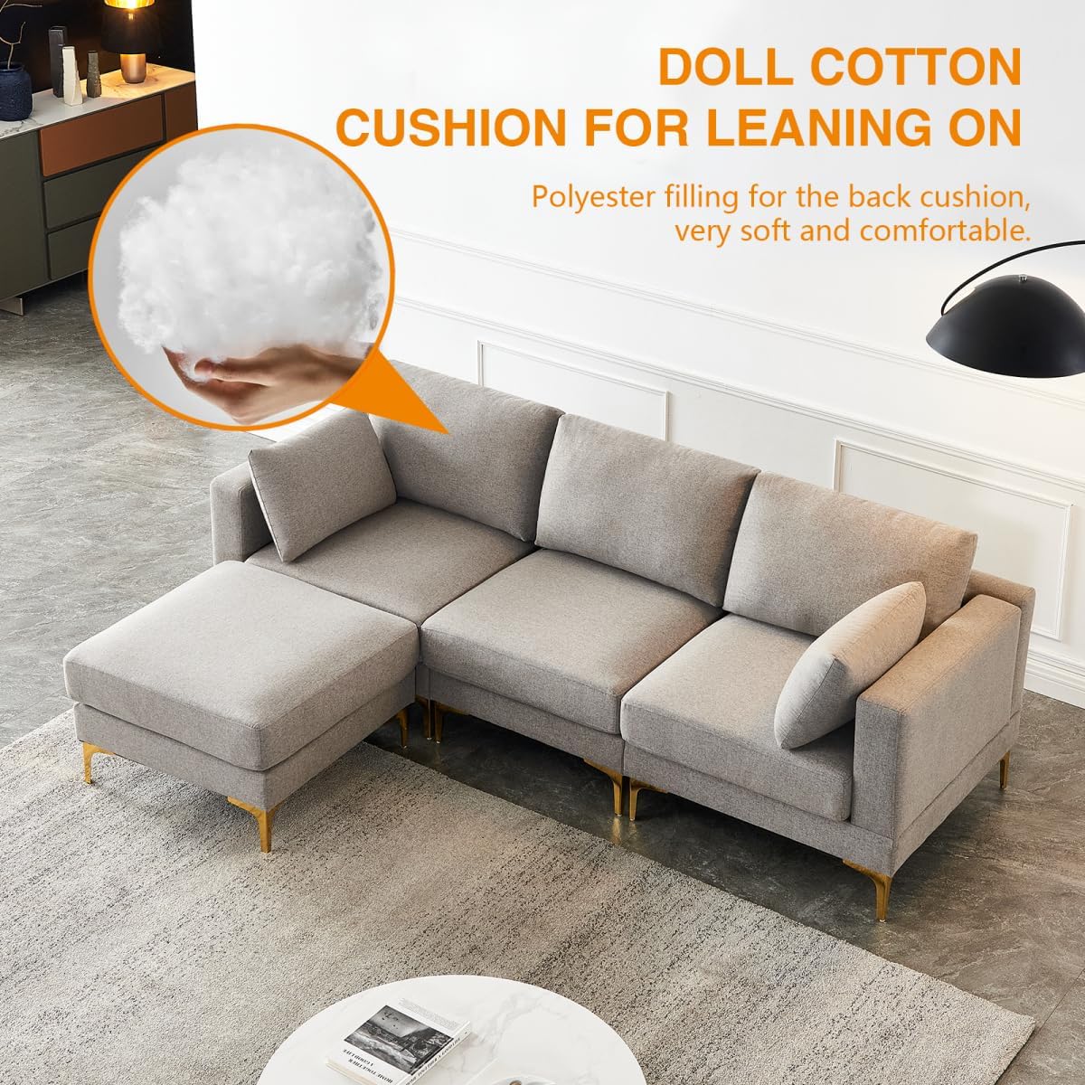 Sofá modular de 3 piezas con reposapiés otomano, sofá modular convertible a 3 plazas o sofá biplaza y sillón, patas doradas y 2 almohadas, gris claro