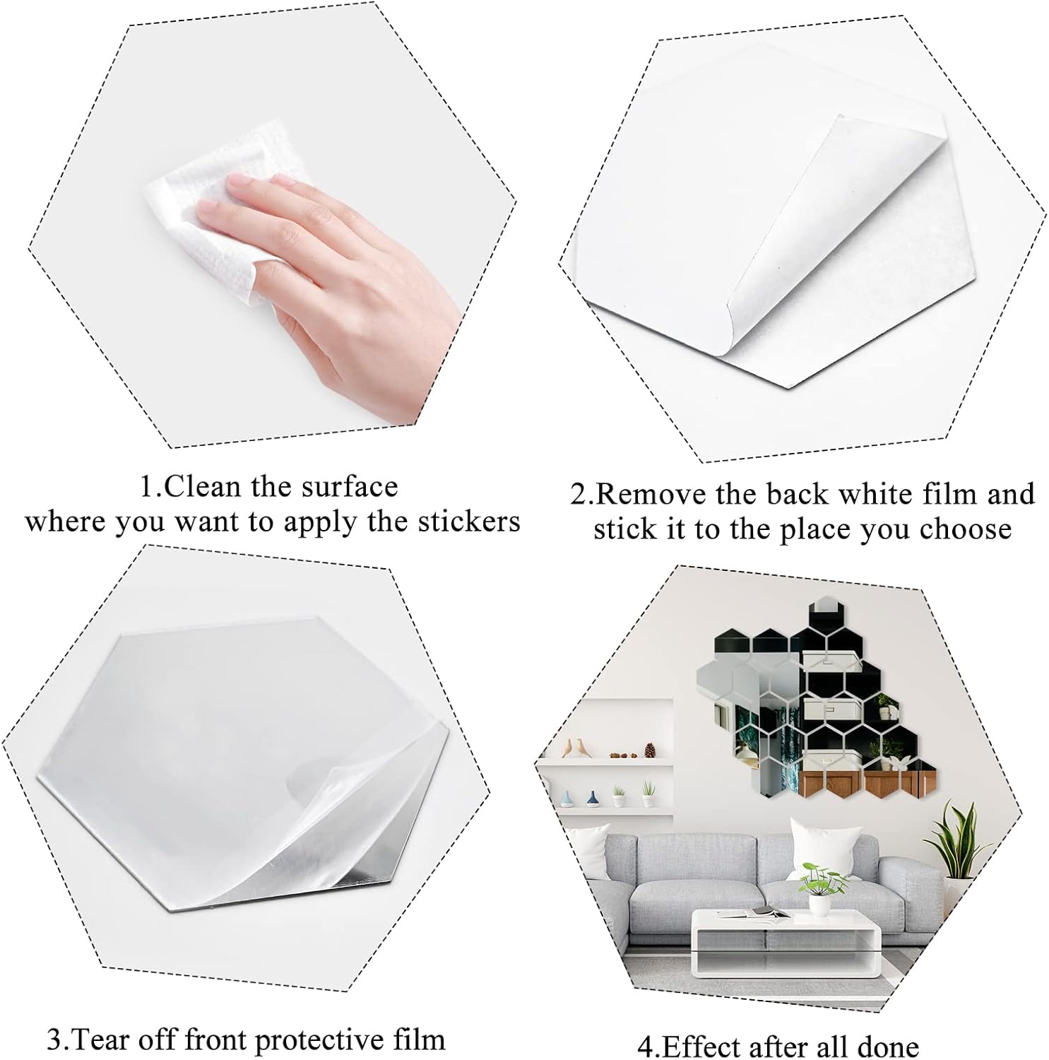 WisePoint 24 calcomanías de pared de espejo, calcomanías hexagonales de acrílico con respaldo autoadhesivo, espejos extraíbles para decoración del