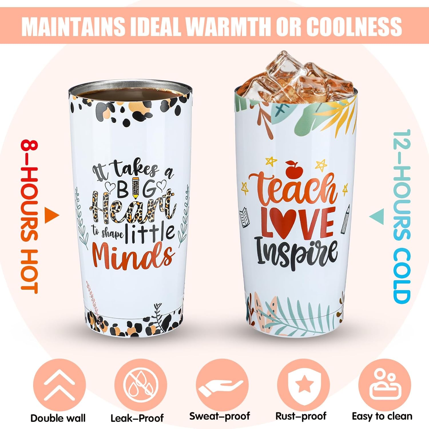 Paquete de 8 vasos de acero inoxidable de 20 onzas, regalos para profesores de estudiantes, adecuados para mujeres, tazas de agradecimiento, ideas