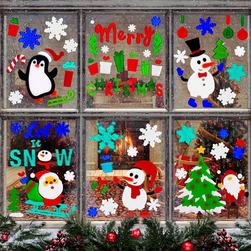 XIMISHOP 6pcs Christmas Gel Window Clings,Xmas Santa Claus Snowman Snowflake Penguin Window Clings Sticker for Christmas Window Decors