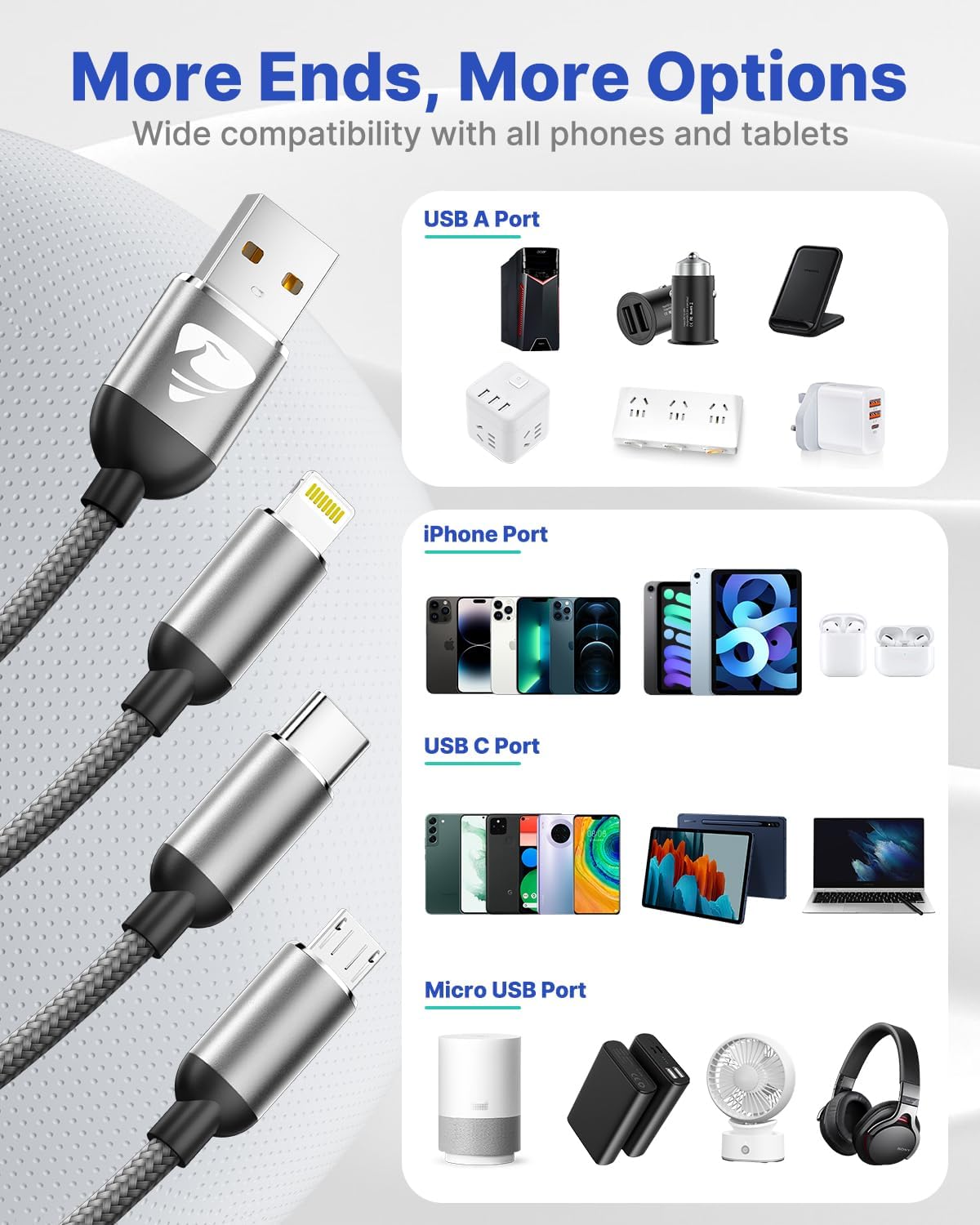 Cargadores para múltiples dispositivos, cable de carga múltiple 3 en 1, cable de carga rápida múltiple de nailon trenzado, adaptador de cable USB