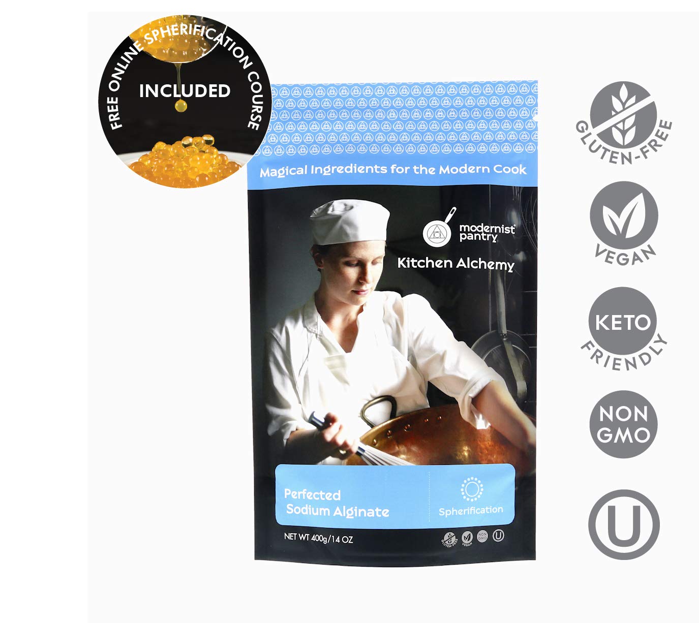 Alginato de sodio perfeccionado sin OMG vegano OU Kosher certificado – 400 g14 oz