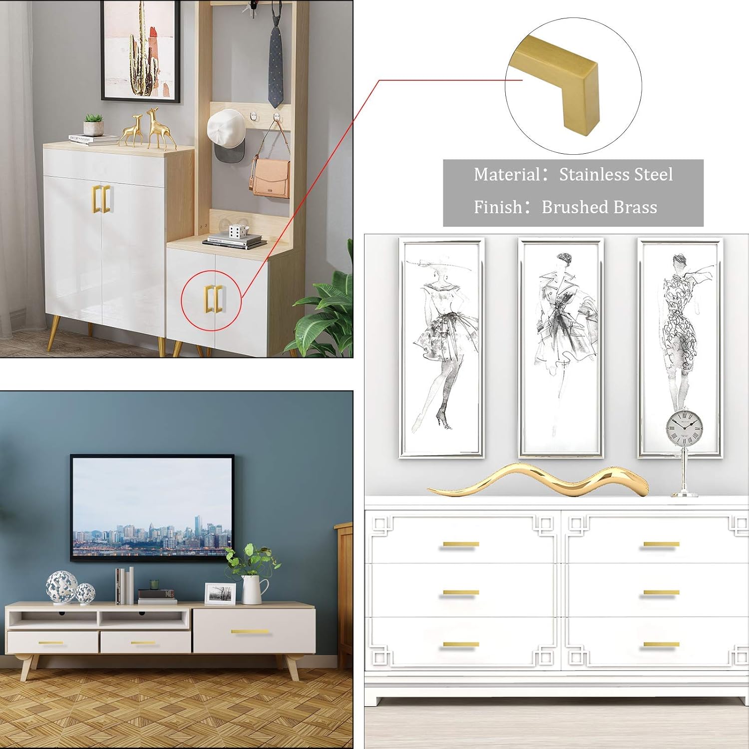 Goldenwarm LSJ12GD192 – Manijas doradas de latón cepillado para cajones y armarios, manijas modernas y cuadradas para cocina, distancia de orificios