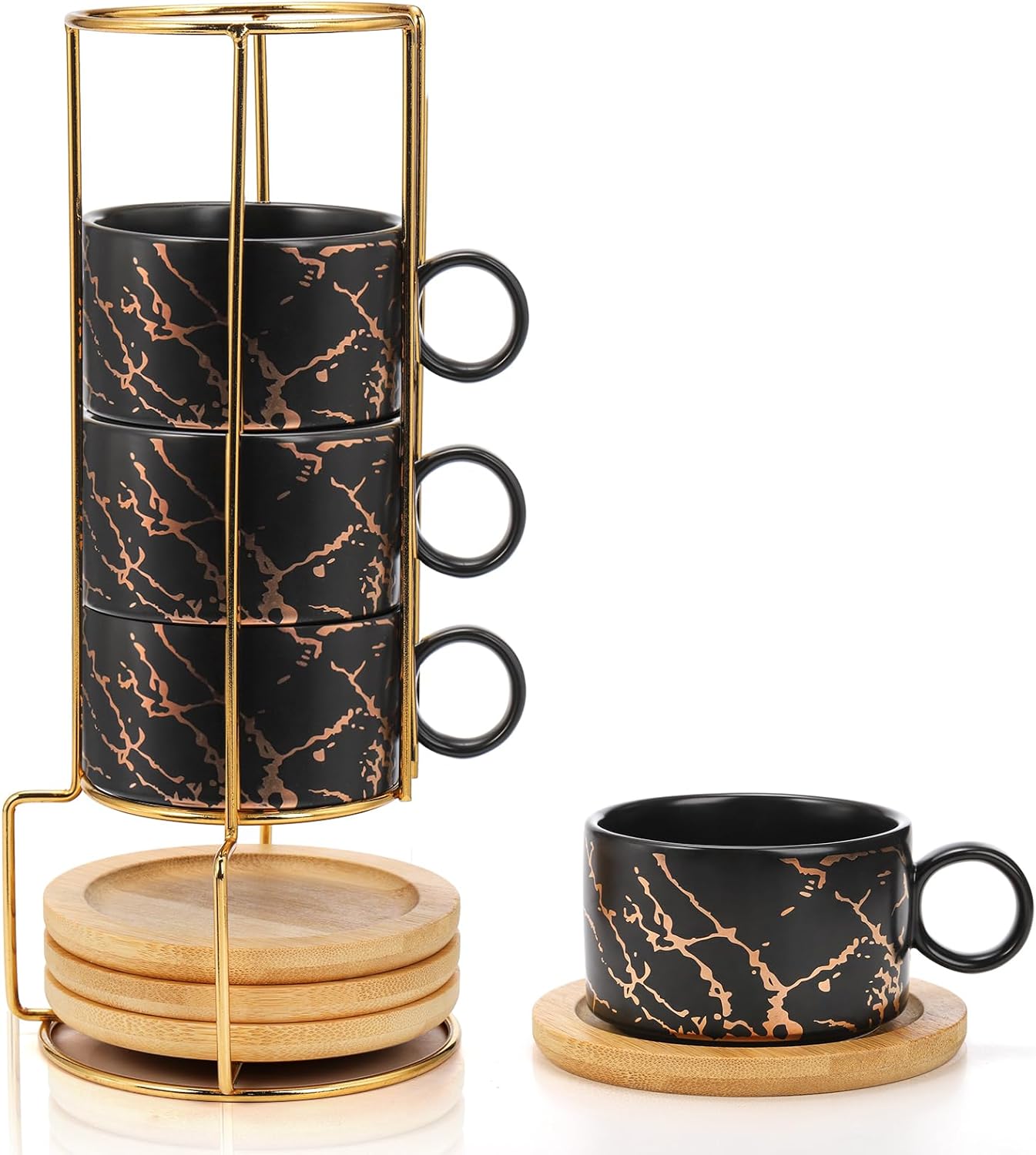 Peohud Juego de 4 tazas de café expreso con soporte de metal, 6 onzas apilables de capuchino con platillos, tazas de café demitasse de porcelana