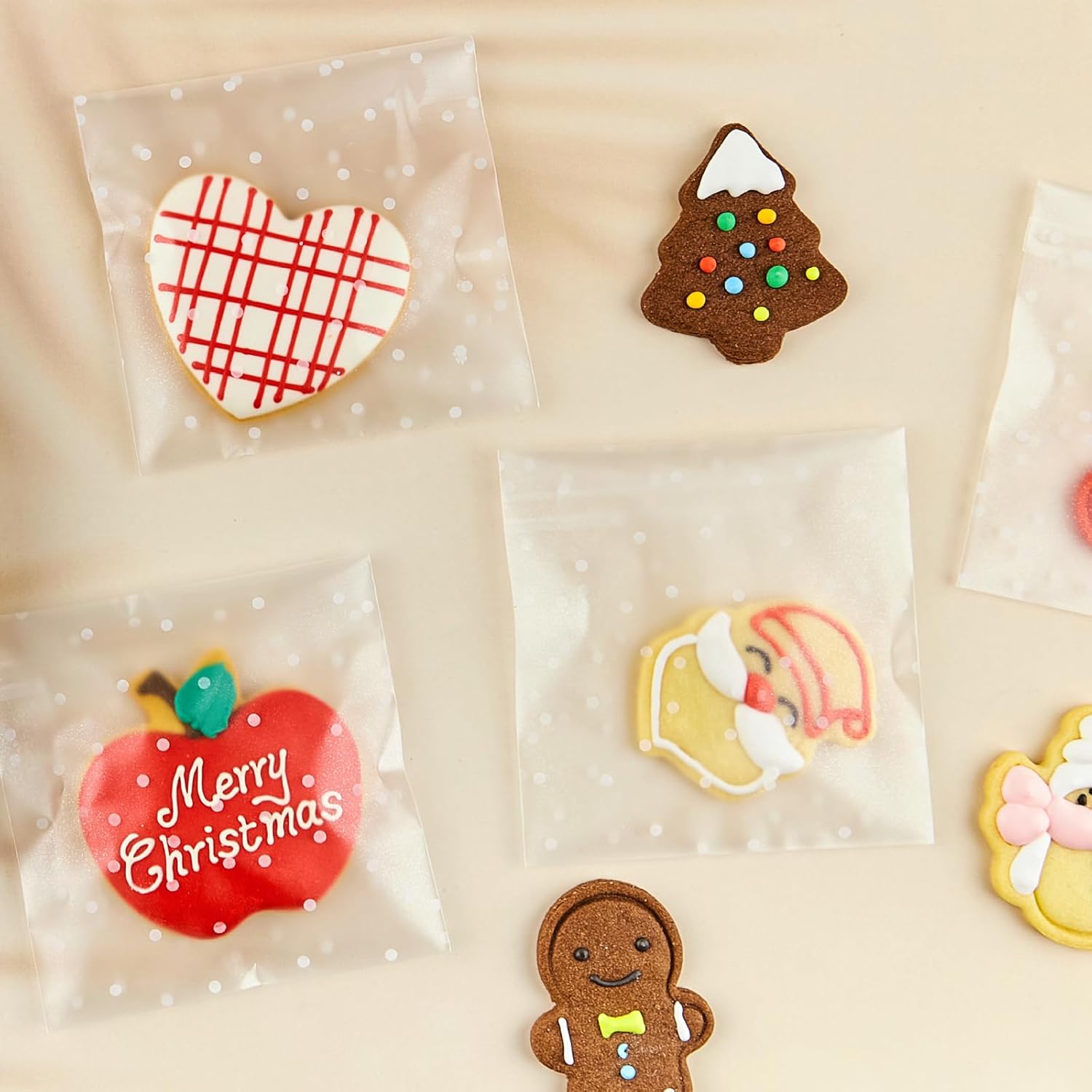 300 bolsas de galletas autoadhesivas de plástico transparente de celofán para dulces de pastelería, regalos de fiesta de Navidad, regalos (lunares