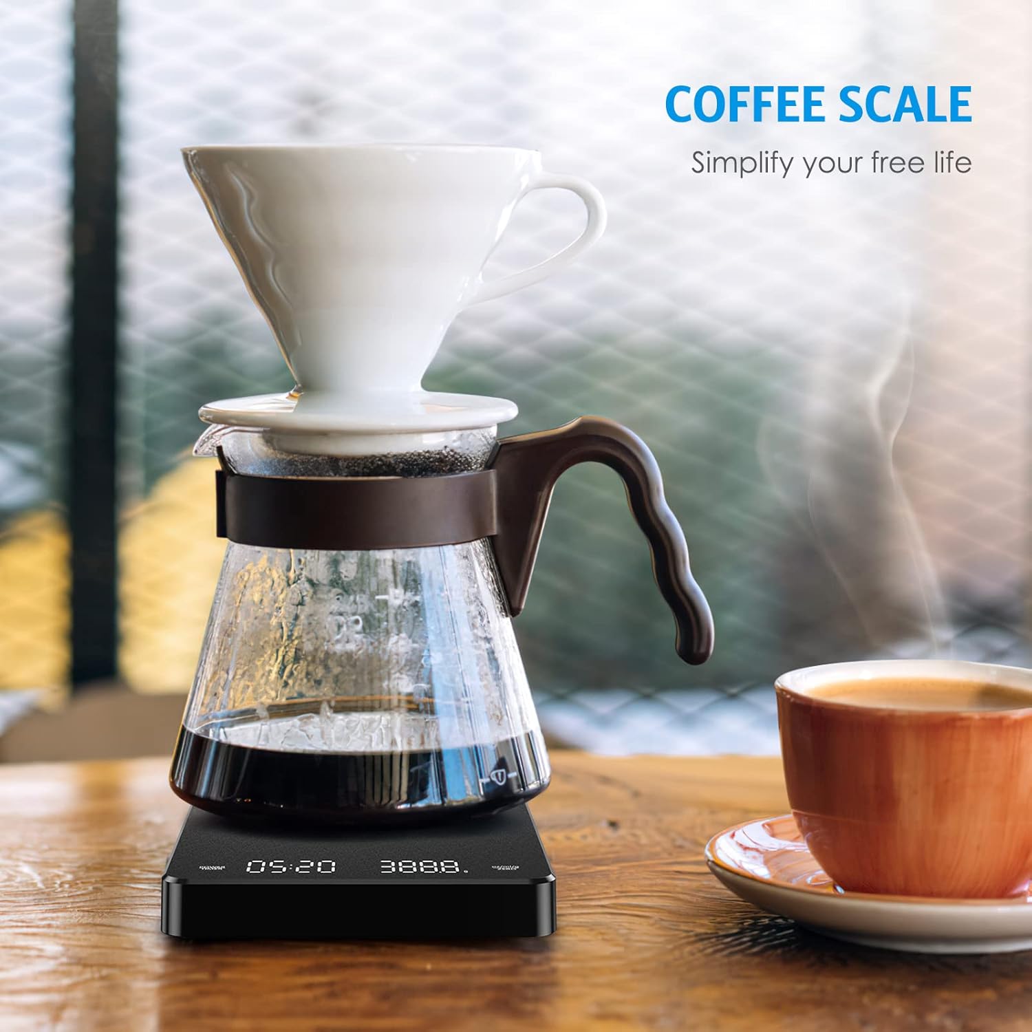 AMIR Báscula digital de cocina con temporizador, escala de goteo de espresso de alta precisión de 6.6 lbs0.00 oz, báscula de café portátil