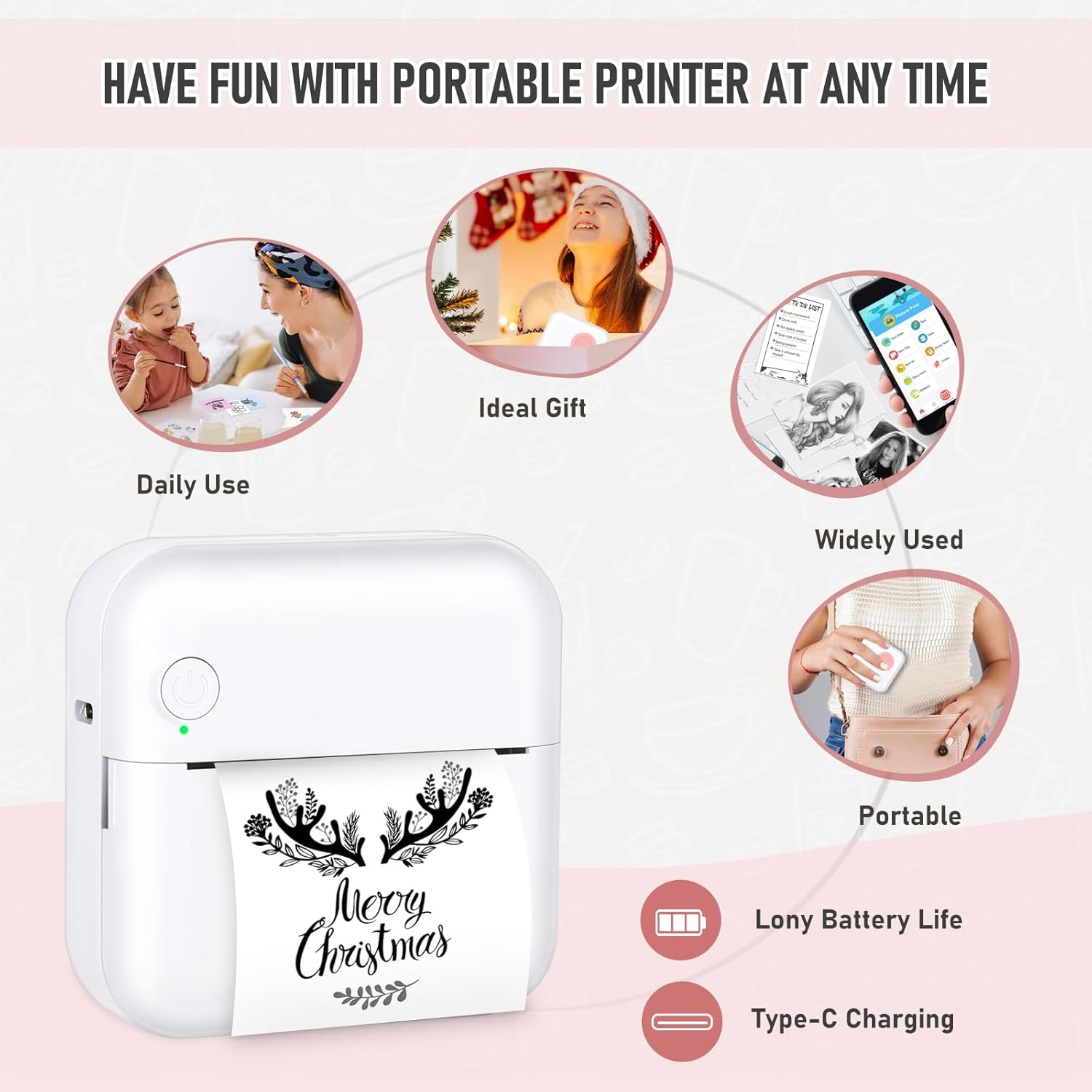 Mini impresora Bluetooth de bolsillo, impresora térmica portátil con 10 rollos de papel para diarioálbum de recortes de bricolaje, viajes, notas,