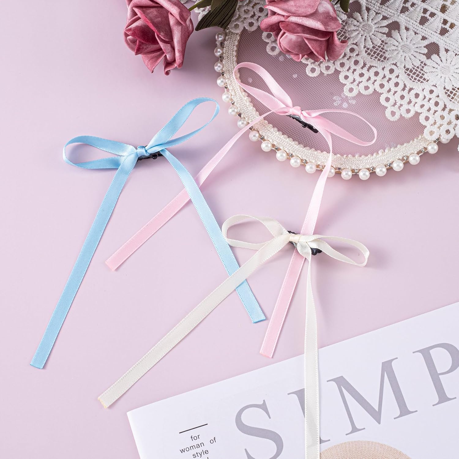 18 pinzas para el cabello con lazo rosa de 3.93 pulgadas, lazos blancos y azules, pasadores con cintas largas, parrillas para San Valentín,