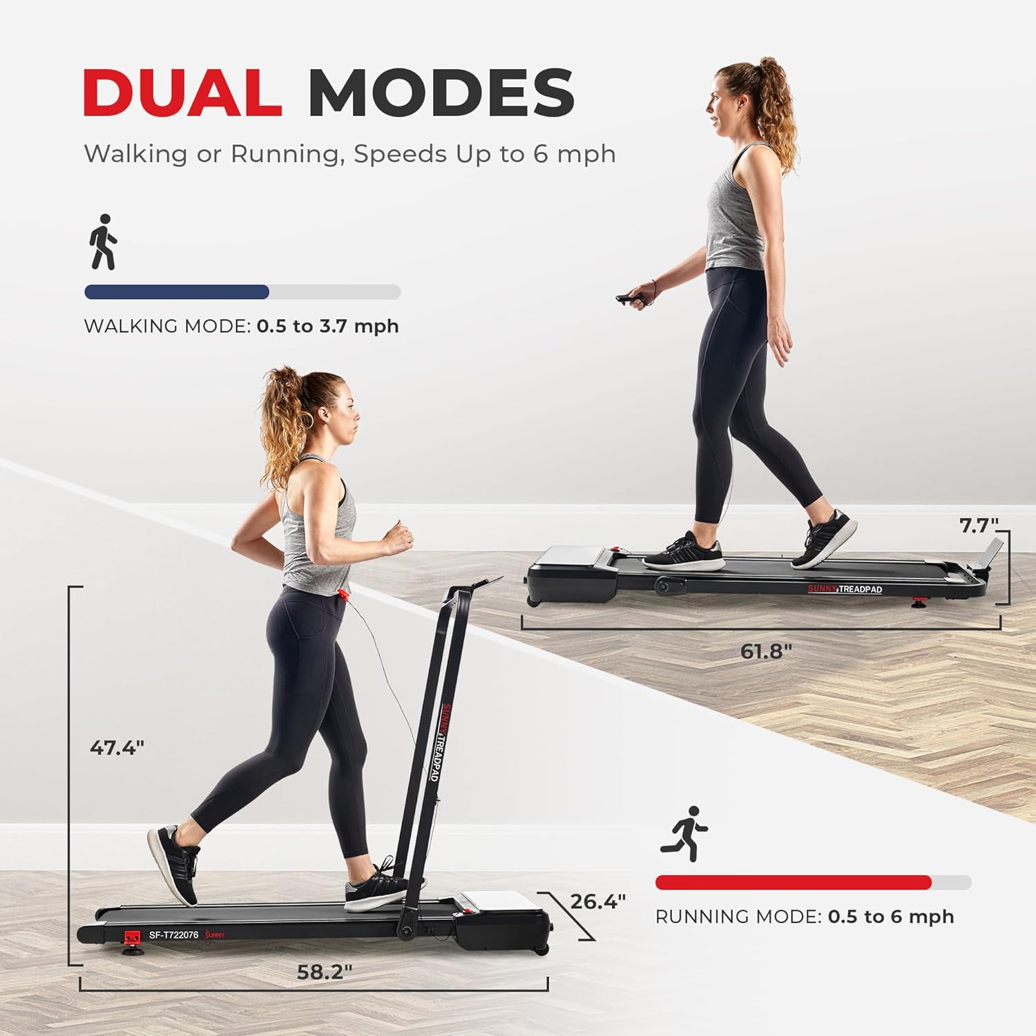 Sunny Health & Fitness Treadpad Pacer – Cinta de correr con doble modo de inclinación automática de 6 niveles y conectividad Bluetooth mejorada con