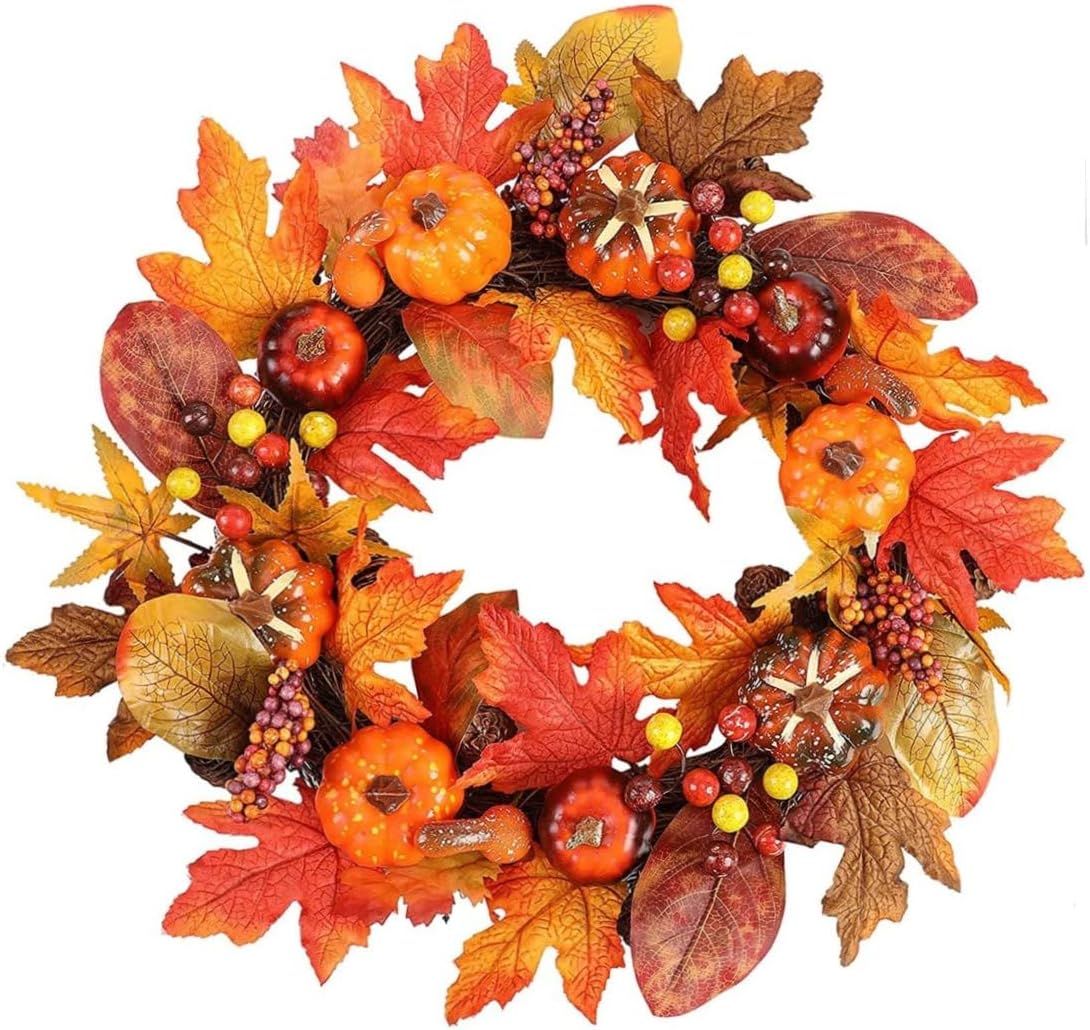 Corona de otoño de Acción de Gracias para puerta delantera, corona de cosecha de otoño con calabaza, hoja de arce, piña, baya para Navidad, otoño,
