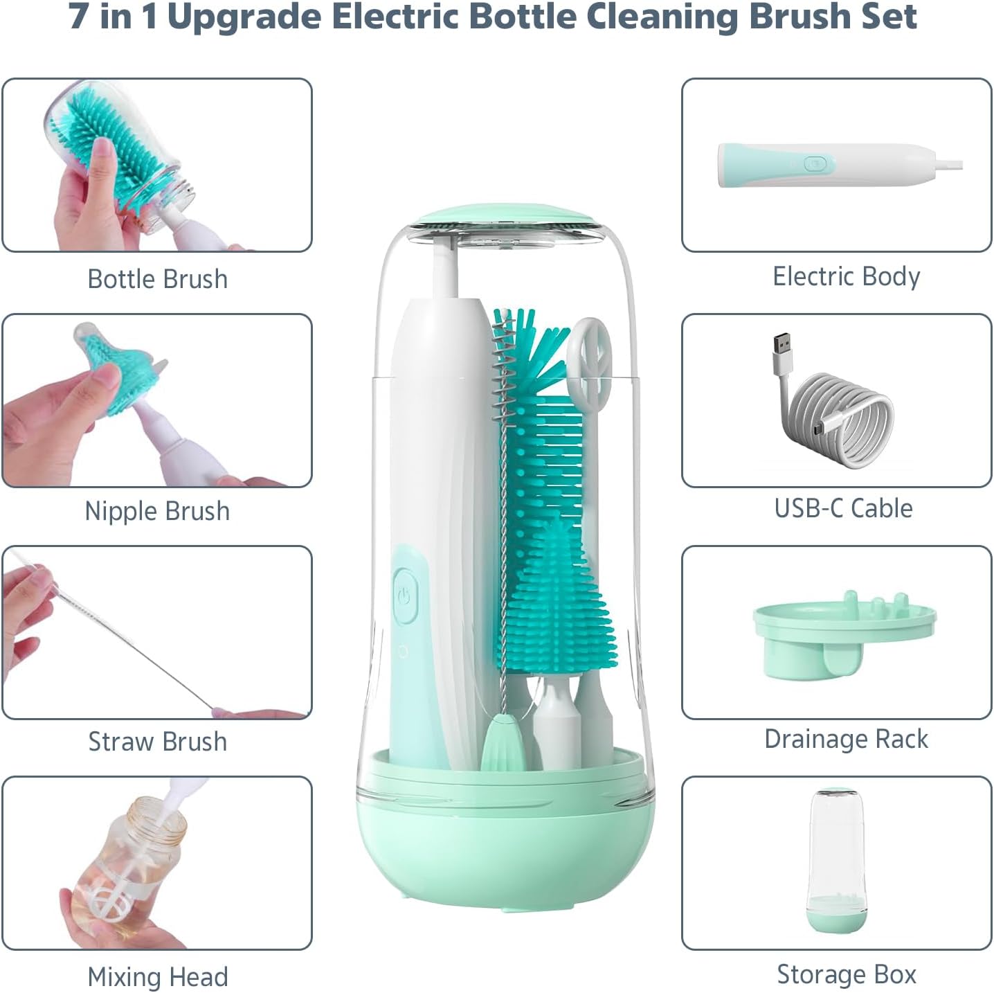 MomMed Cepillo eléctrico para botellas, juego de cepillos eléctricos para biberones con botella de silicona, chupete, cepillo para popote y cabezal