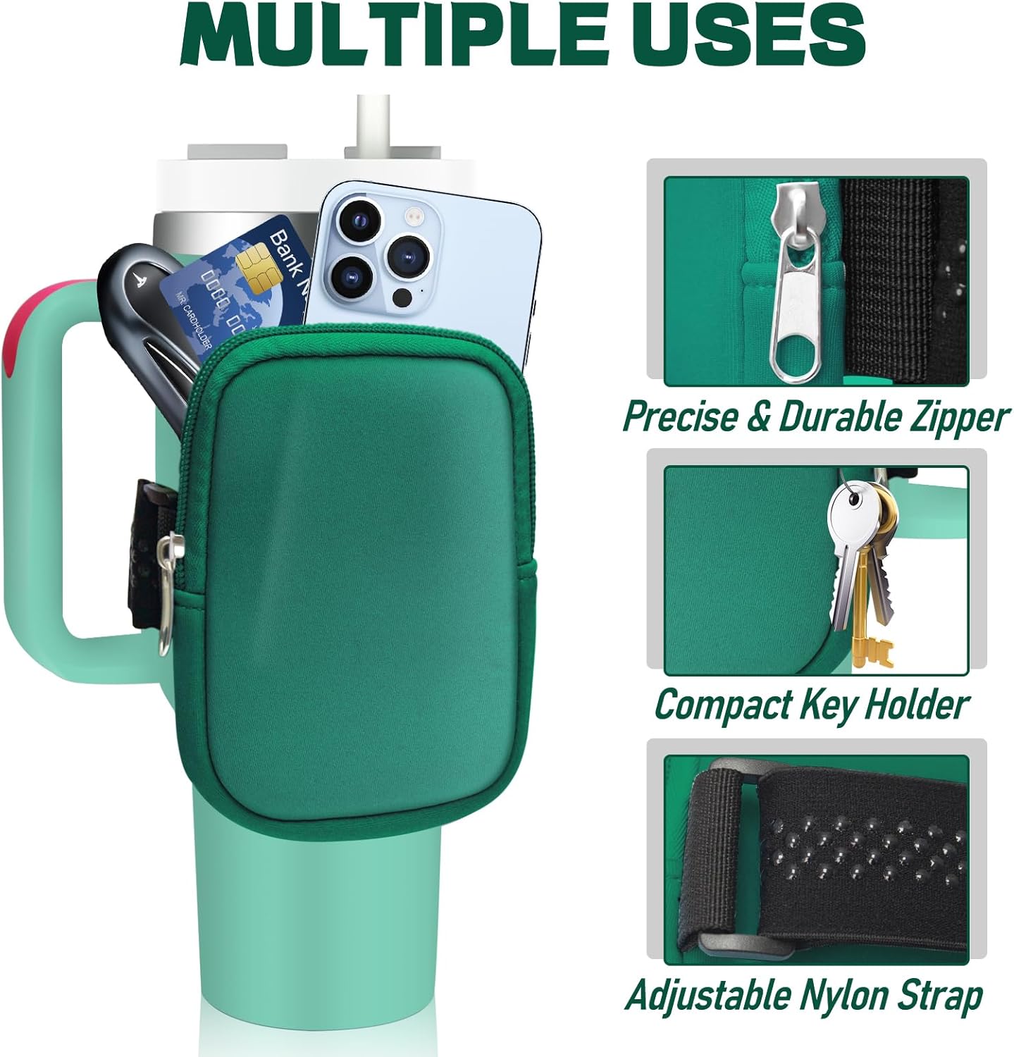 Yialins Bolsa grande para botella de agua para vaso Stanley Quencher, para iPhone 14 Pro Max, iPod Air, tarjetas de crédito, llave (verde)
