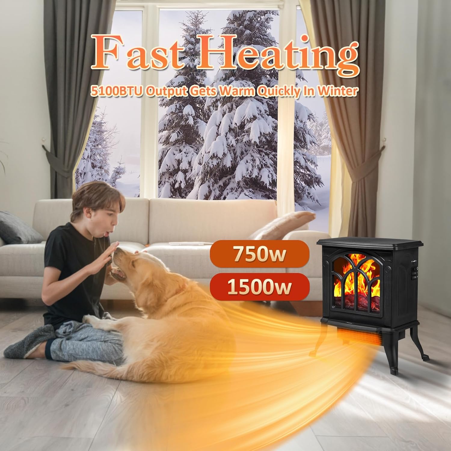 LifePlus Calentador de chimenea, estufa eléctrica con llama realista 3D, calentador portátil para uso en interiores con termostato, modo 750 W1500