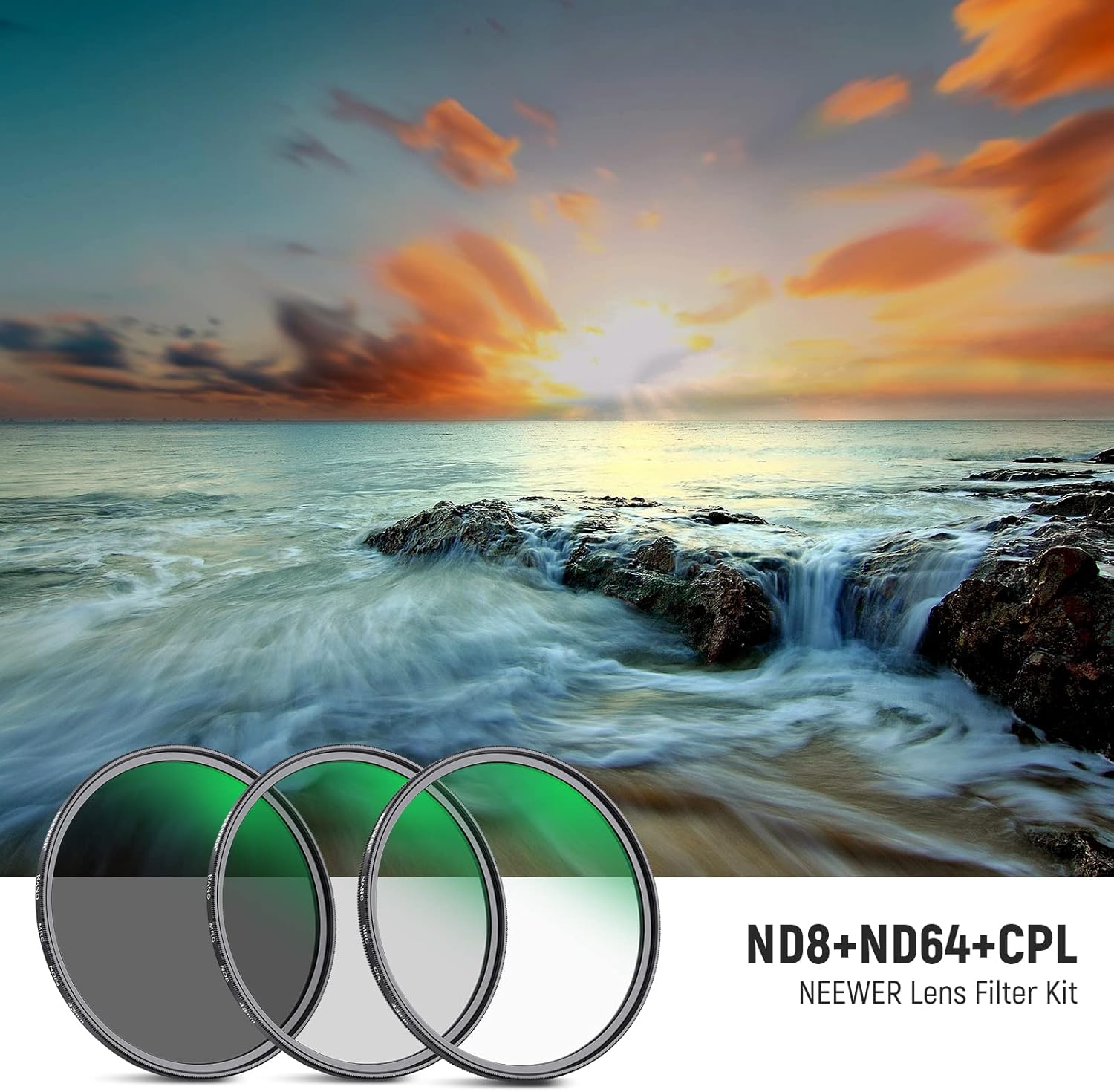 NEEWER Kit de filtro de lente de 1.693in ND8 ND64 CPL, kit de filtro de polarizador circular con 30 capas de nano-revestimientovidrio óptico HD,