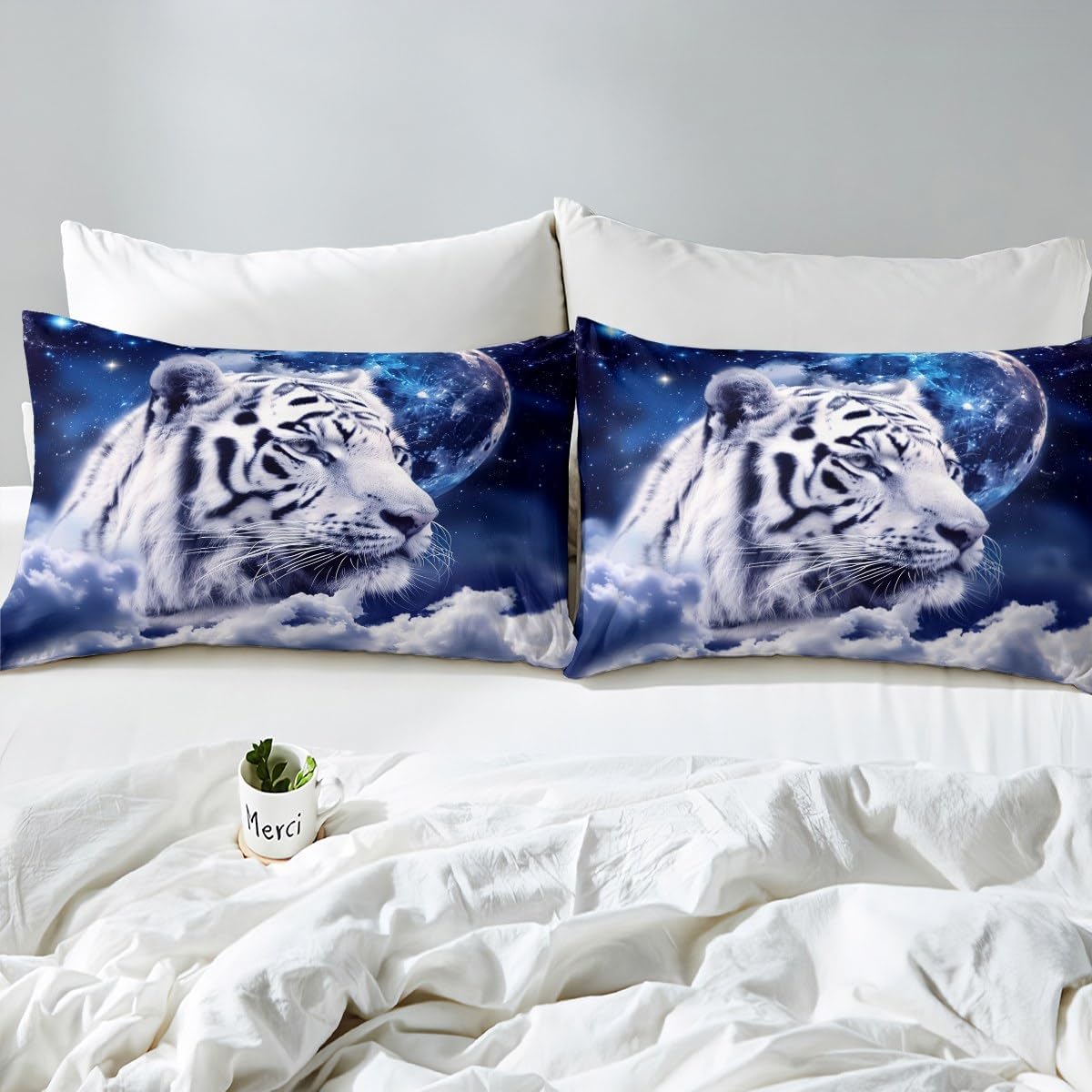 Juego de ropa de cama tamaño individual, diseño de tigre blanco galaxia, sábanas con estampado de animales salvajes, nebulosas bohemias, estrellas y