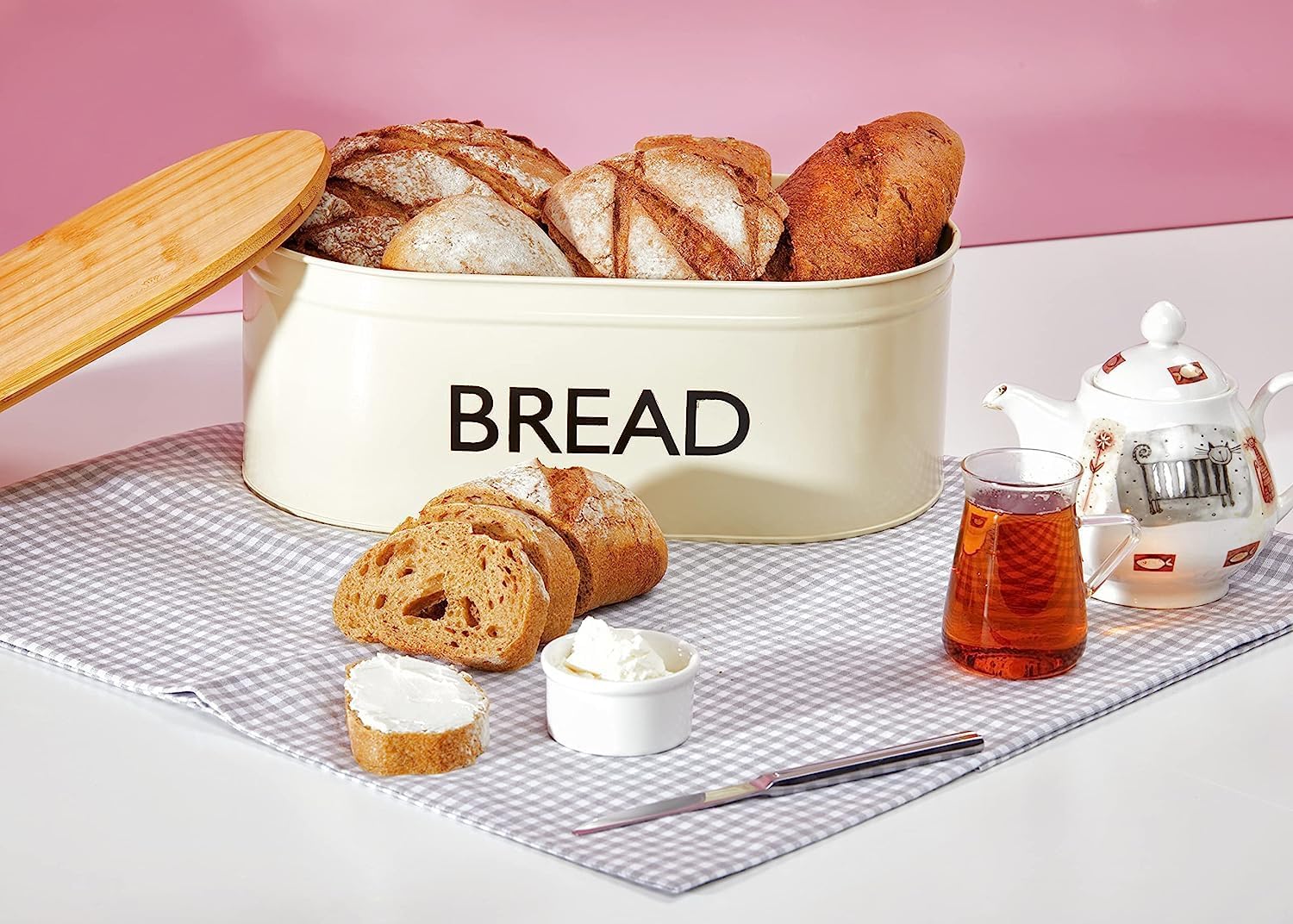RoyalHouse Panera de metal prémium con tapa de bambú, contenedor grande de acero inoxidable para almacenamiento y organizador para encimera de