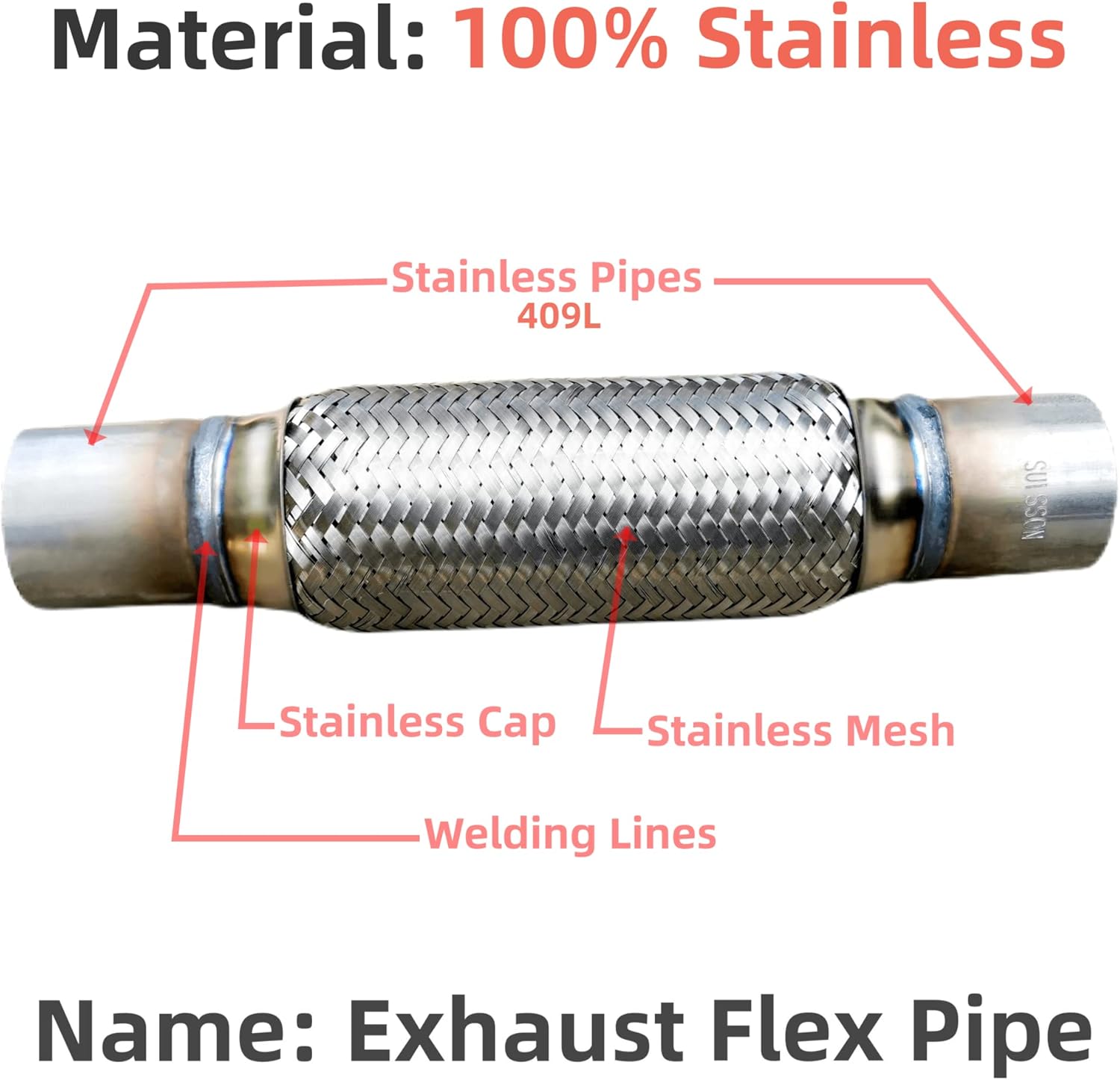 SUISSON Tubo flexible de escape 2 “X6″10” tipo universal 100% acero inoxidable para automóviles pesados