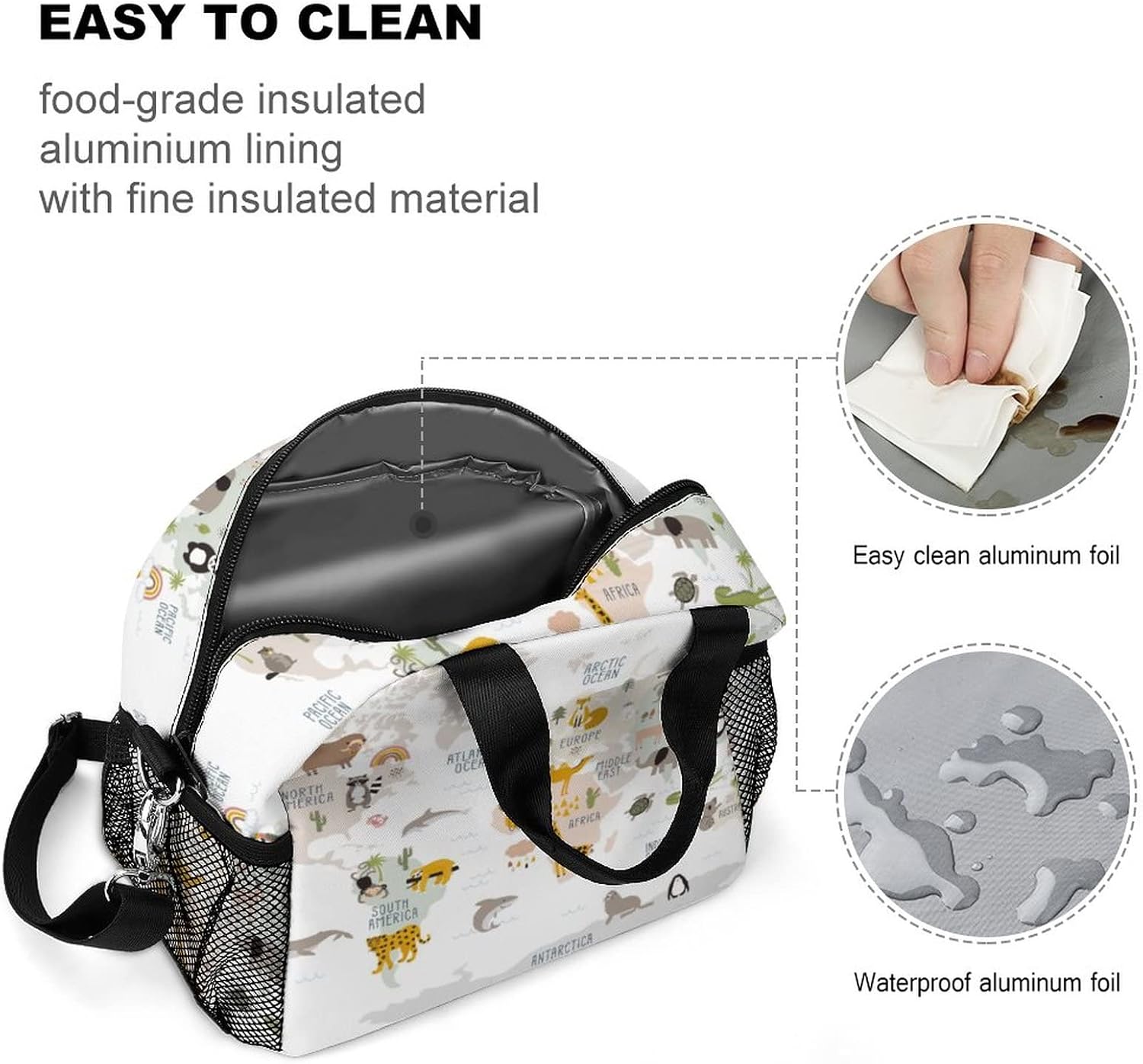 Niapessel Bolsa de almuerzo para mujeres, niños, niñas, niños, aislada, mapa del mundo animal, multicolor, impreso, lonchera térmica con soporte